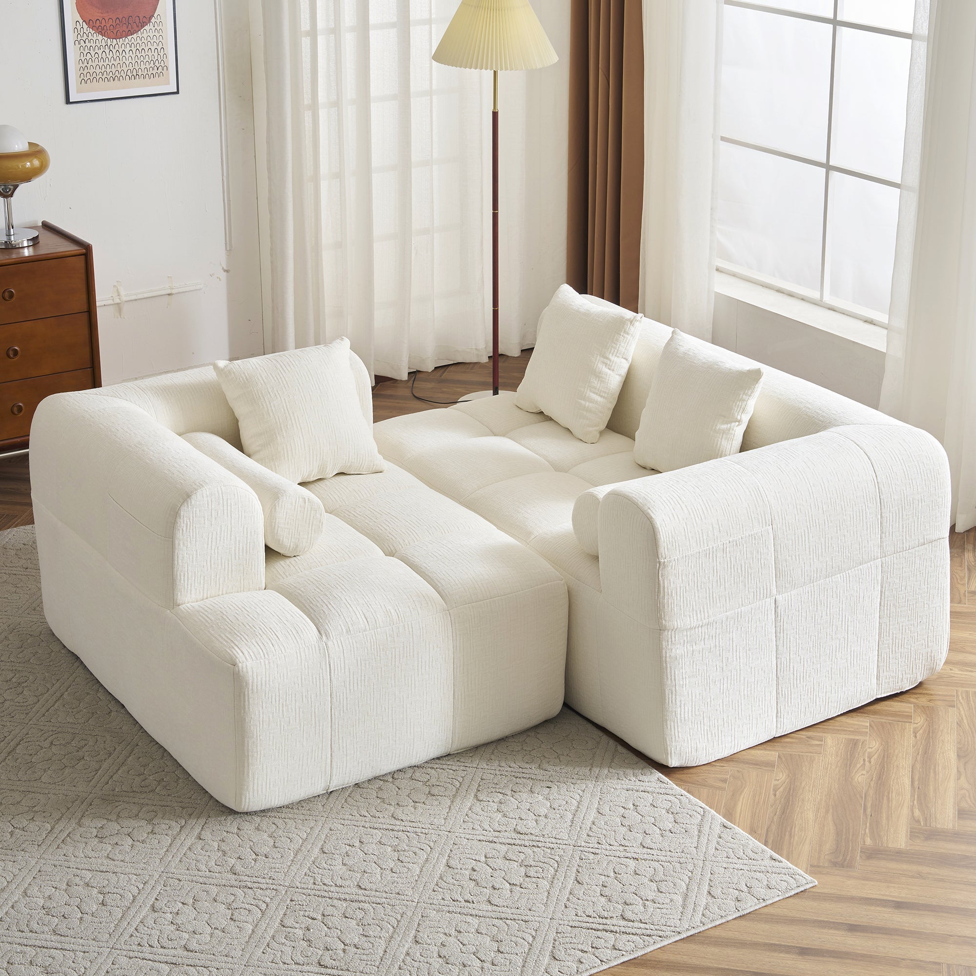 Modern Beige Modular Sectional Sofa with Deep Seating and Side Pockets, Chenille Upholstery, 101.2'