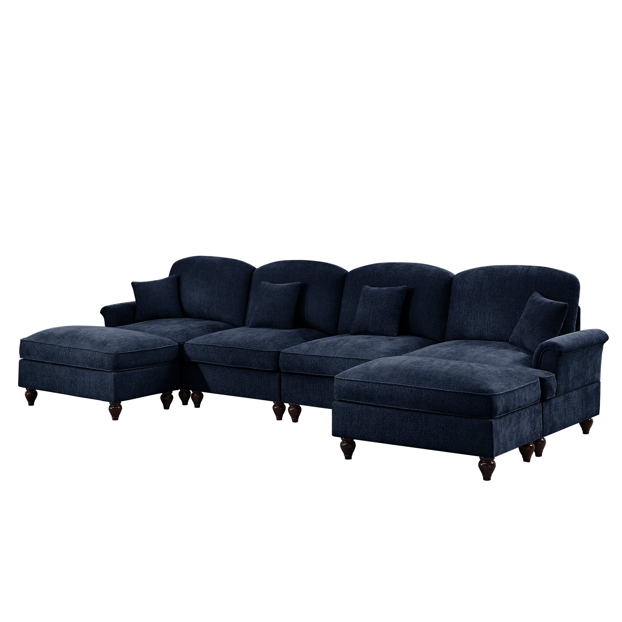 Classic U Shape 4 Seater Modular Sectional Sofa Couch with Flared Arms and Removable Ruffles Pleats Skirts and Spindle Legs, Chenille Deep Seat Cloud Sofa with Movable Ottomans, Blue