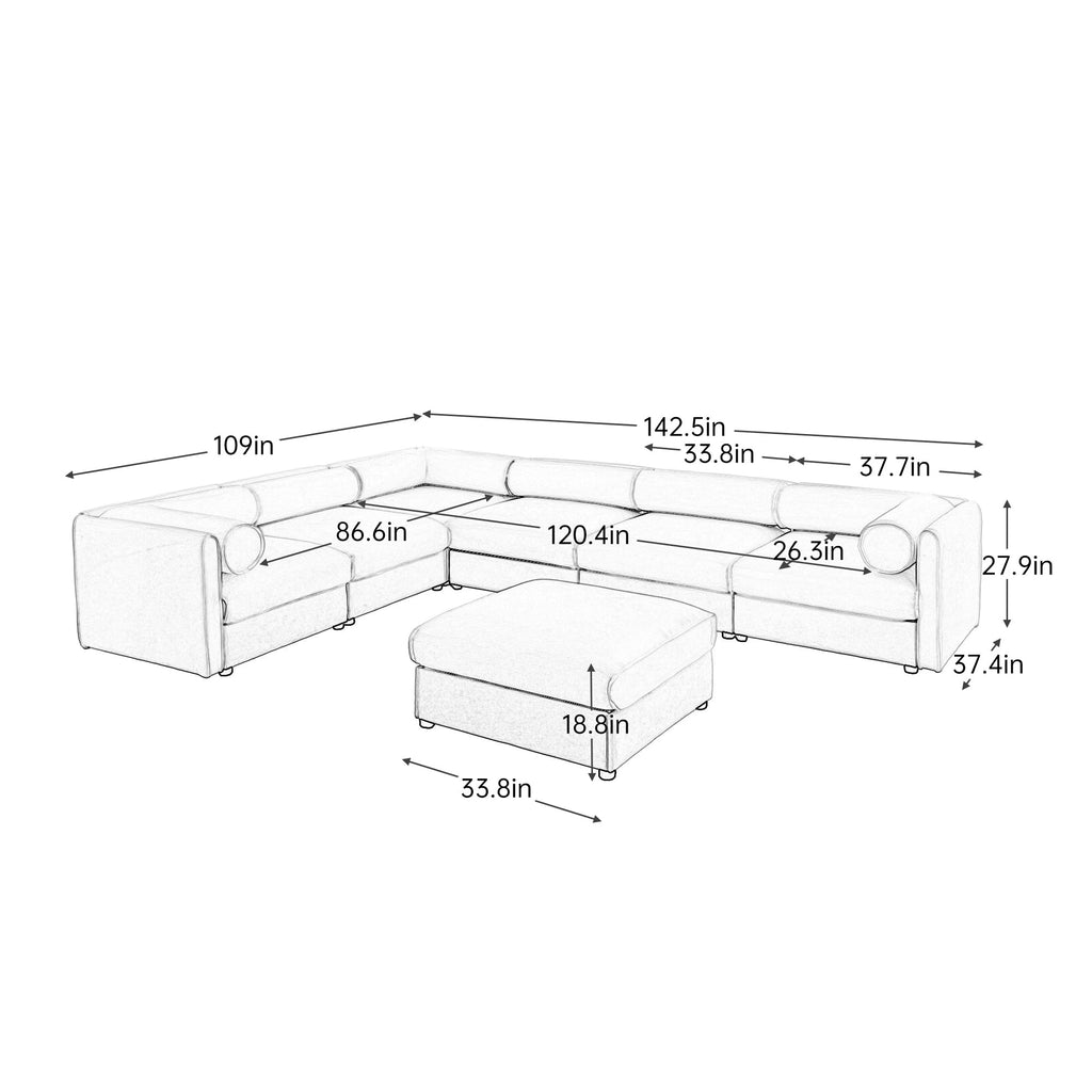 Large Modular Sectional Sofa Sectional Couch with Storage Chenille Sectional Sofa for Living Room, Cylindrical Backrest and Armrests 6 Seats,White