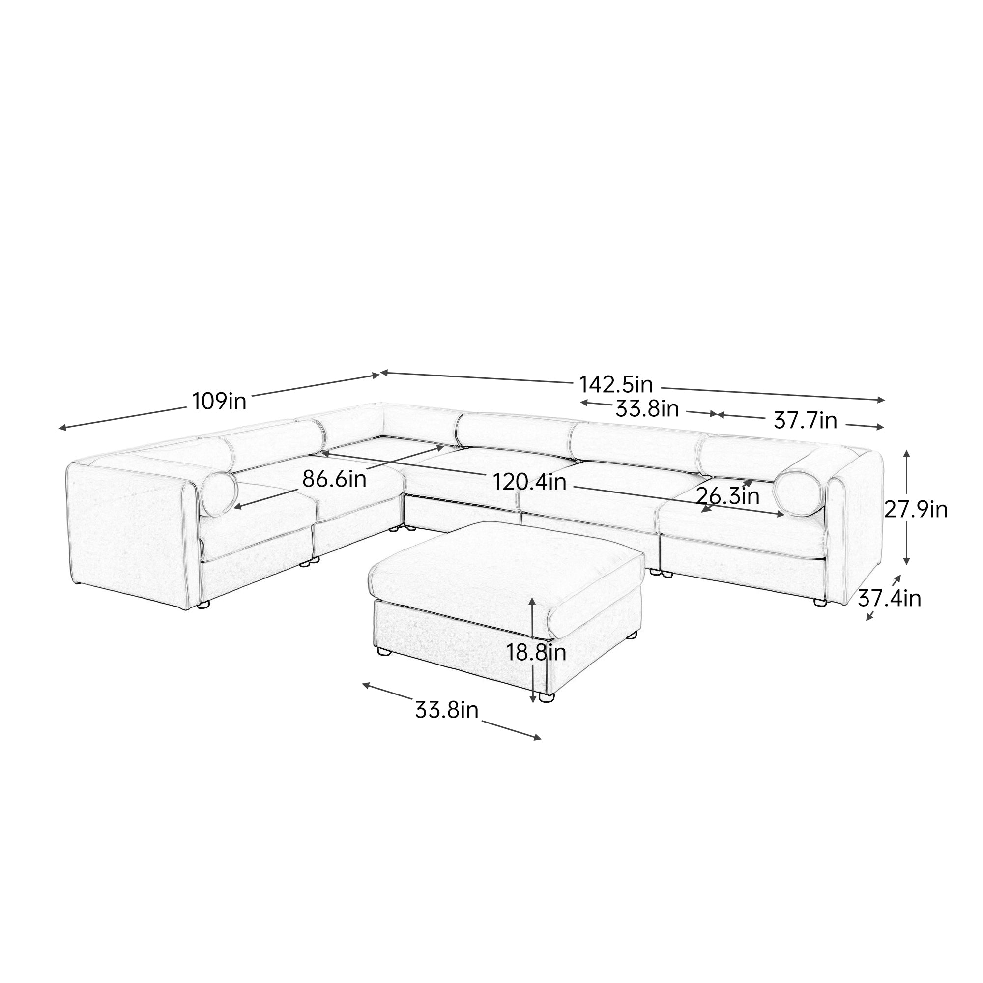 Large Modular Sectional Sofa Sectional Couch with Storage Chenille Sectional Sofa for Living Room, Cylindrical Backrest and Armrests 6 Seats,White
