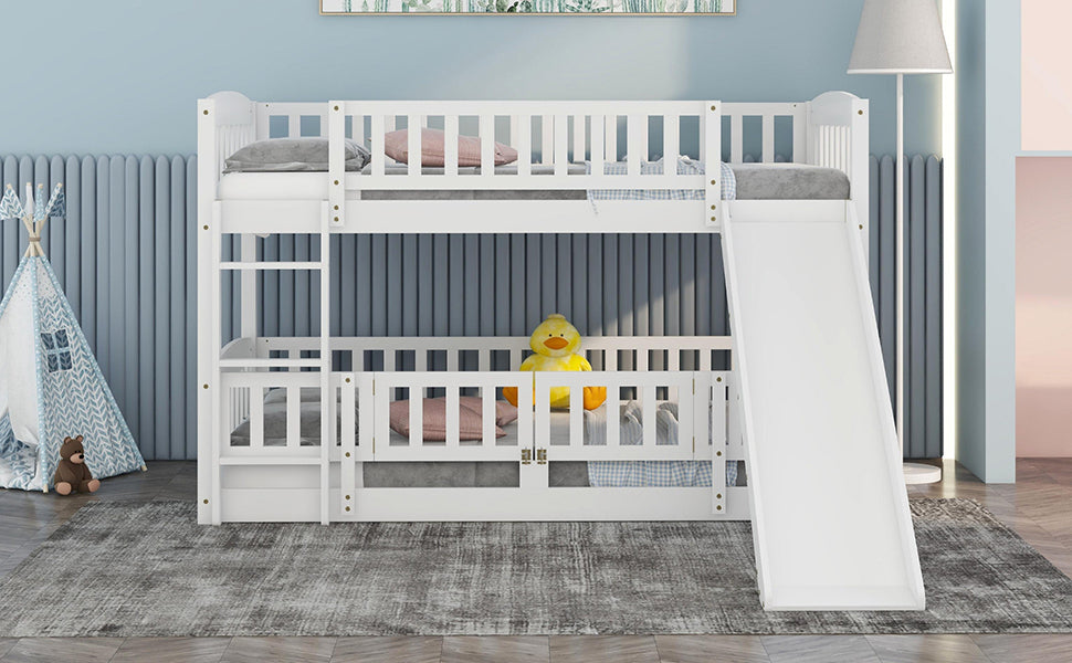 Bunk Bed with Slide,Twin Over Twin Low Bunk Bed with Fence and Ladder for  Kids Teens White