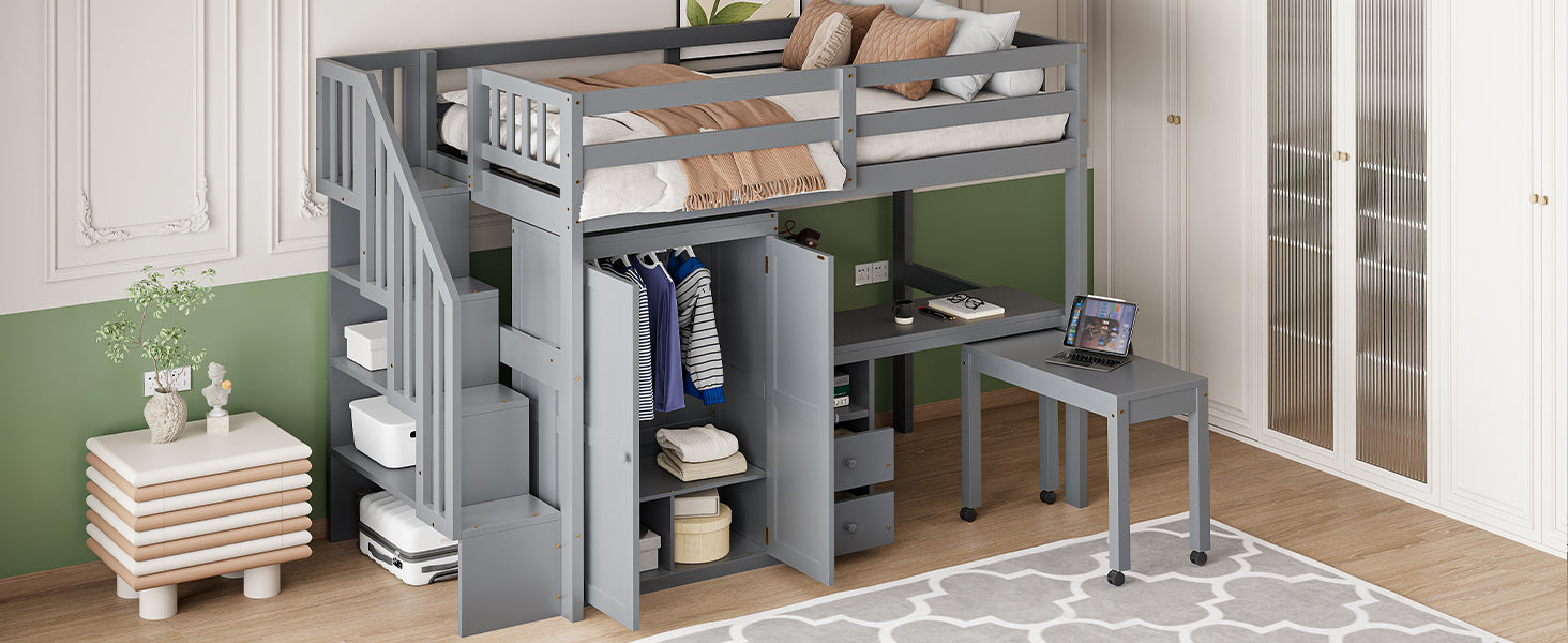 Twin Size Loft Bed with Stairs, Bookshelf, Drawers, Desk & Wardrobe – Space-Saving Multifunctional Furniture for Kids & Teens-Gray