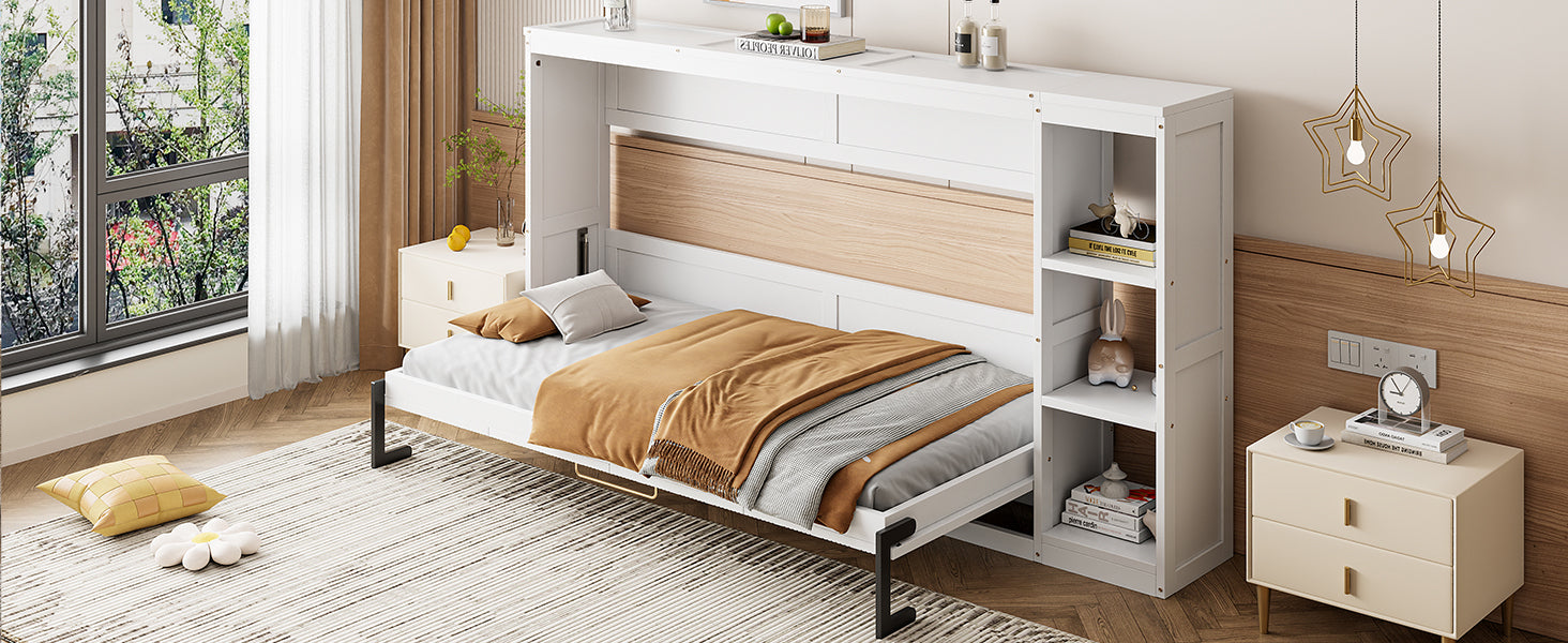 Twin Size Murphy Bed with Bookshelf, White