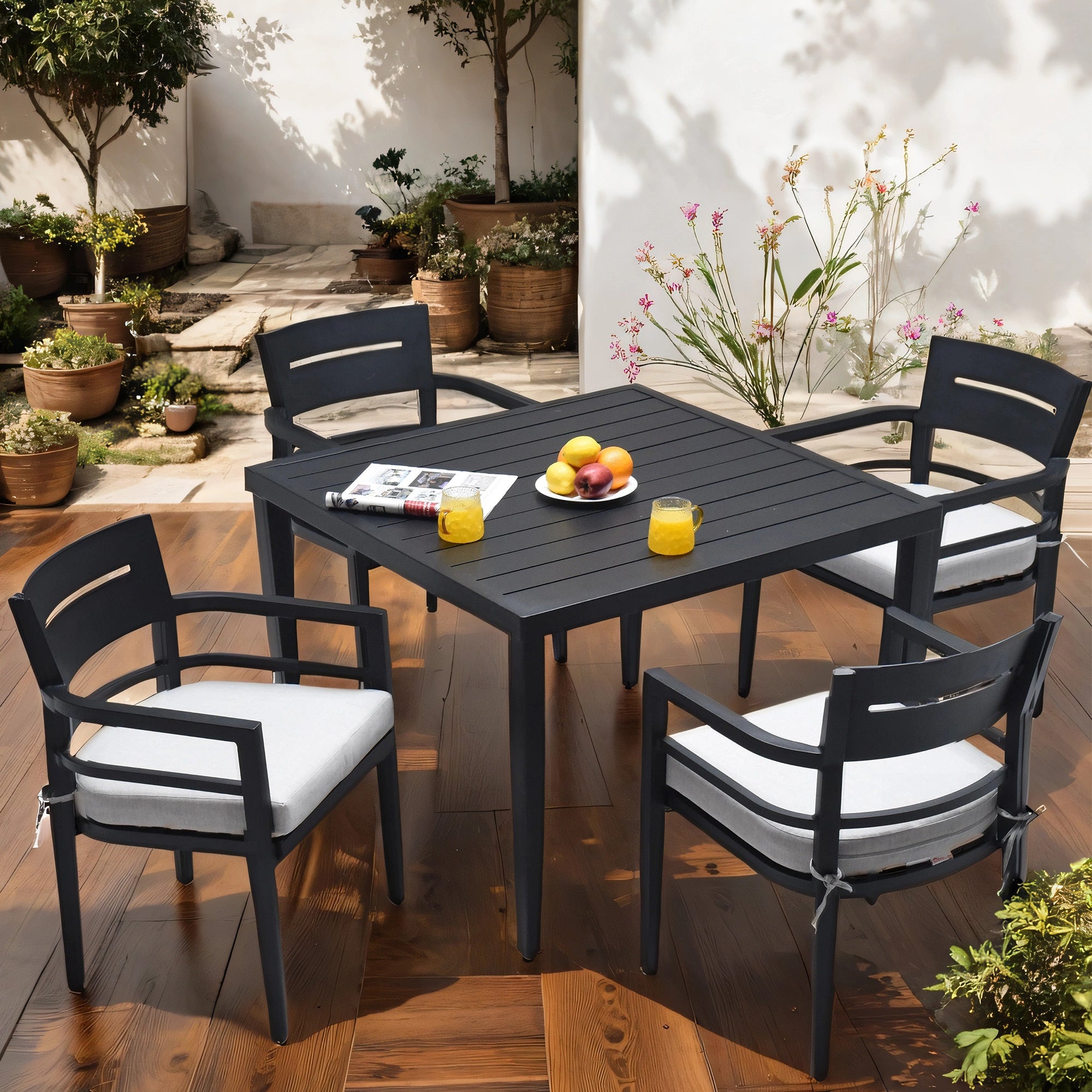 Outdoor Patio Aluminum 40'x40' Square Dining Table with Tapered Feet & 2'Umbrella Hole, Ember Black