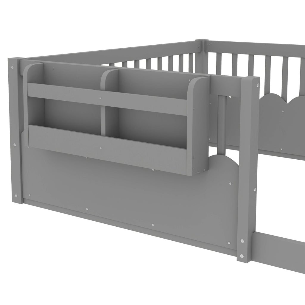 Full Floor bed with Heightened Fence and bookshelf ,Wood Floor Bed for Kids,Gray.