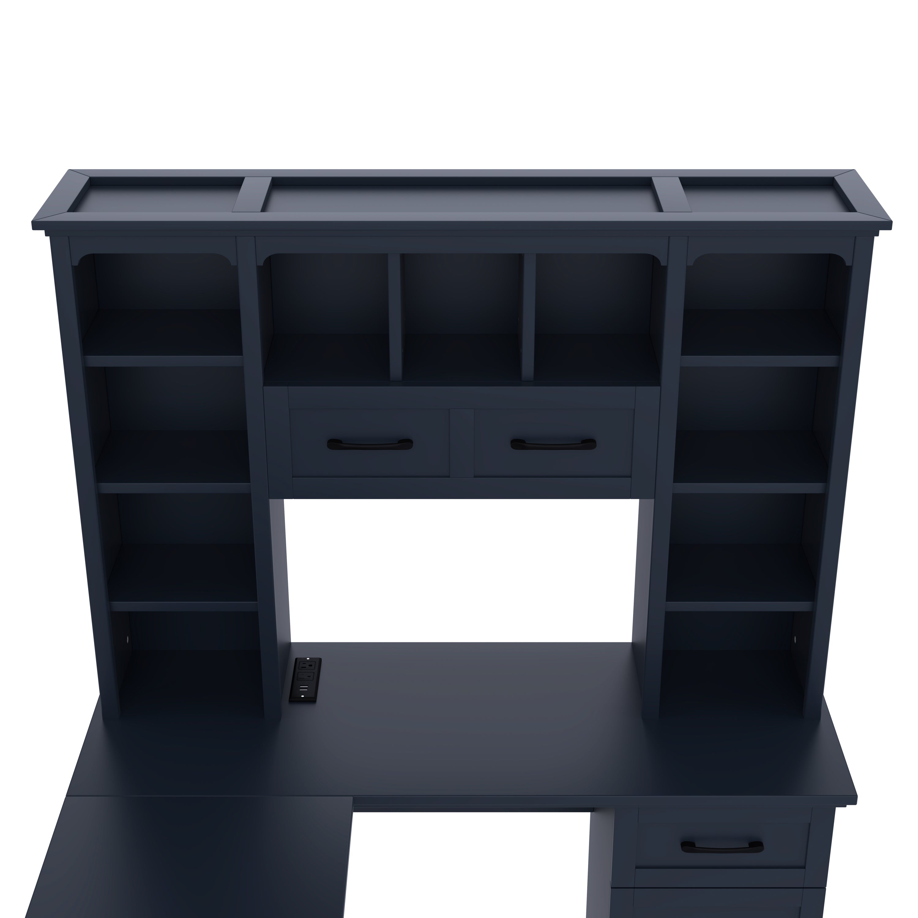 L-Shaped Computer Desk with 2 Cabinets and 2 Drawers, 11 Open Shelves, with Power Outlet, for Study, Living Room and Office, Antique Blue