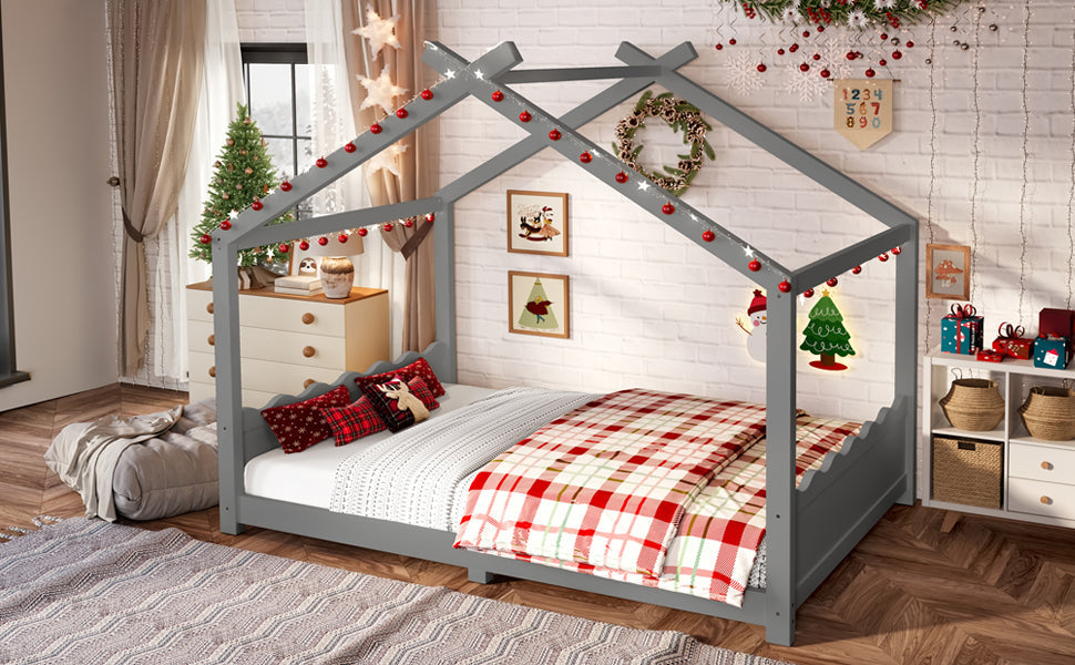Full House Floor Bed with Support Slats, Solid Wood House Bed Frame for Kids, No Box Spring Needed and Opening Constructure, Gray