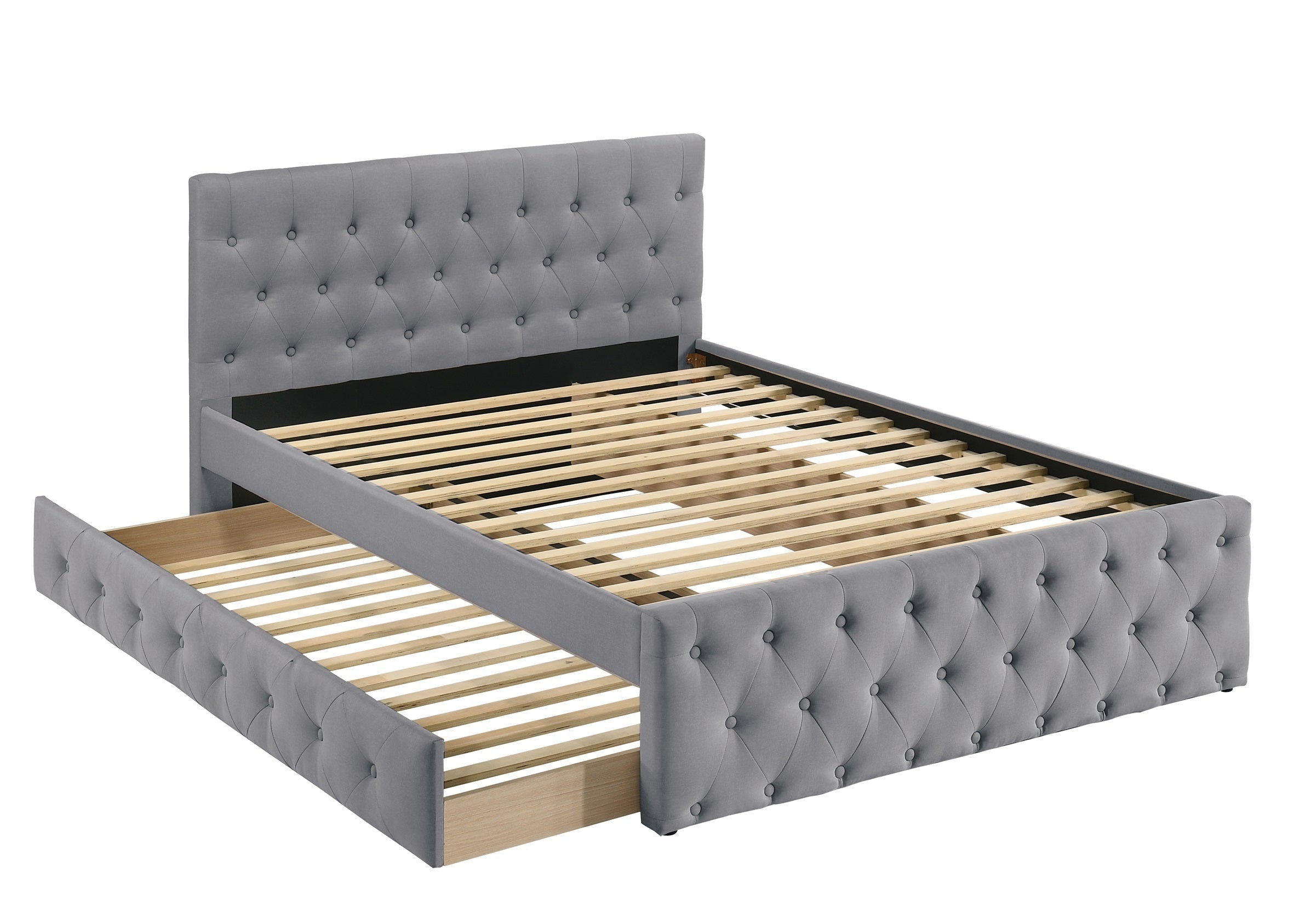 Contemporary Twin Size Bed w/ Trundle Slats Light Grey Burlap Upholstered Button Tufted Headboard Footboard Youth Bedroom Furniture wooden Slats 1pc Bed