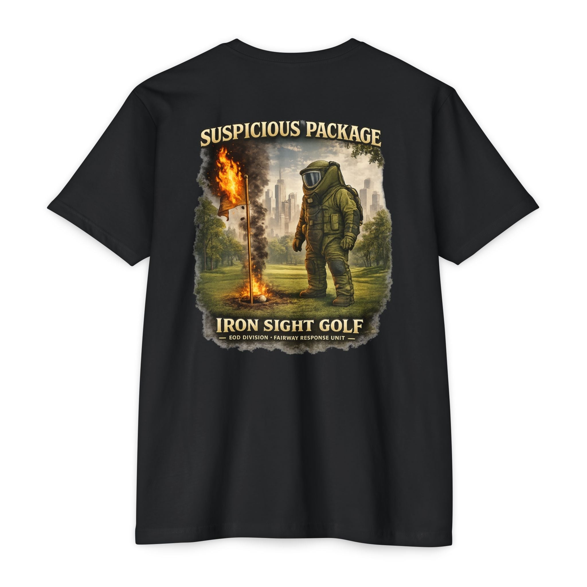 Bomb Squad T-Shirt — 'Suspicious Package' Golf Ball on Fire City Scene
