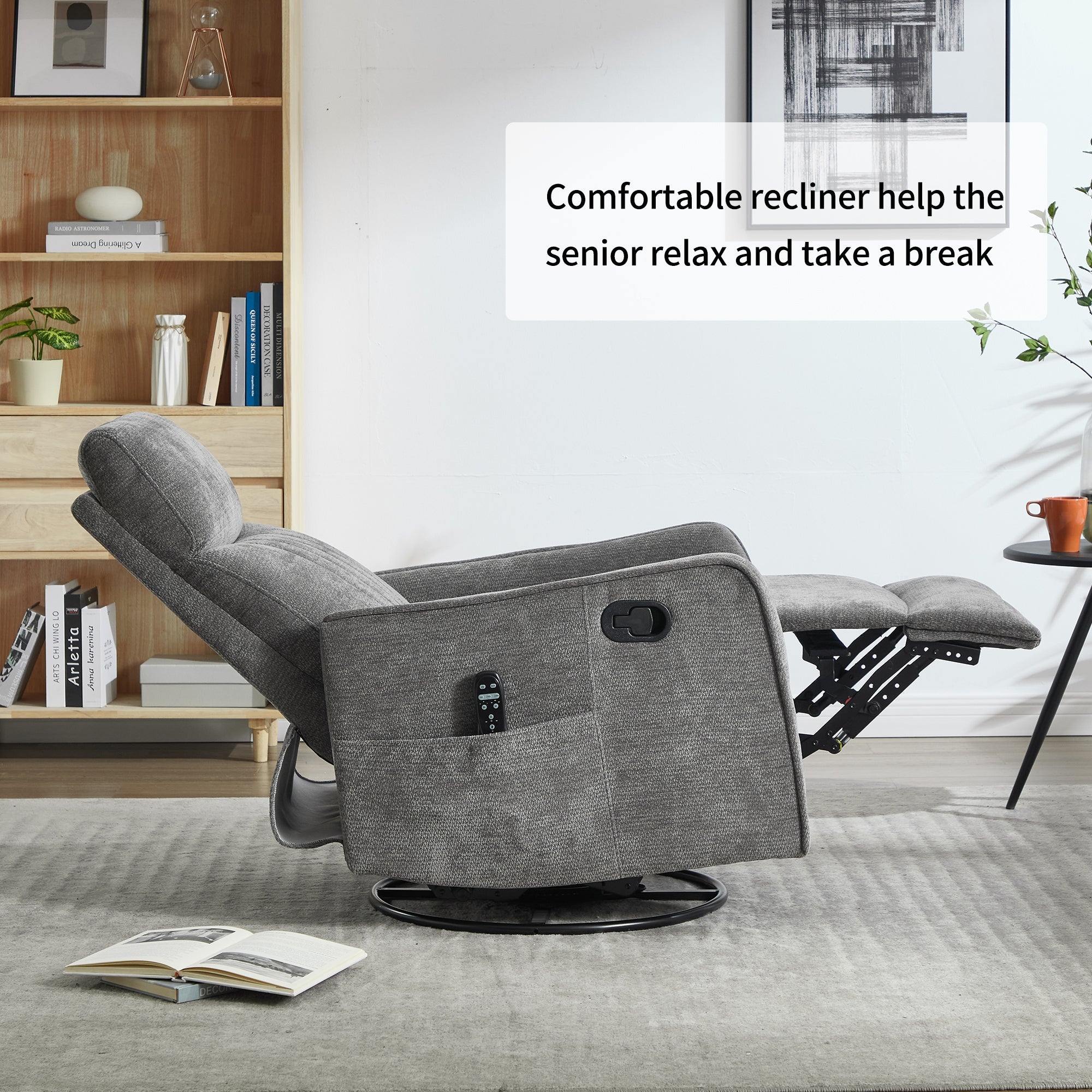 Dark Grey Heat Massage Manual Recliner Chair with Rocker and Swivel in Fabric for Living Room