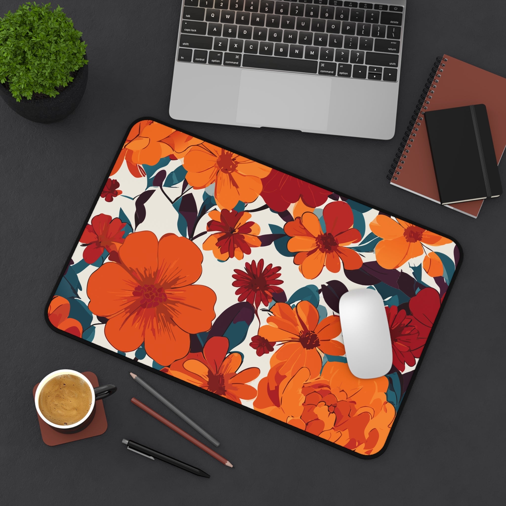 Vibrant Orange Floral Desk Mat | Retro Bloom Mouse Pad for Aesthetic Workspaces