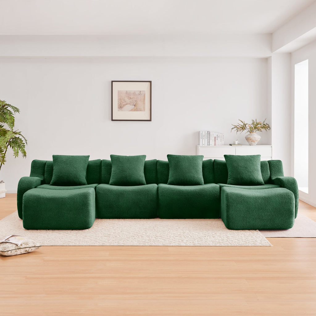 U-Shaped Boneless Sofa,Teddy Fabric No assembly required   Curved armrest,Anti-slip Design,Streamlined Design 32D High Density Sponge,Full Compression Vacuum Packag,For Studies living Rooms,Green