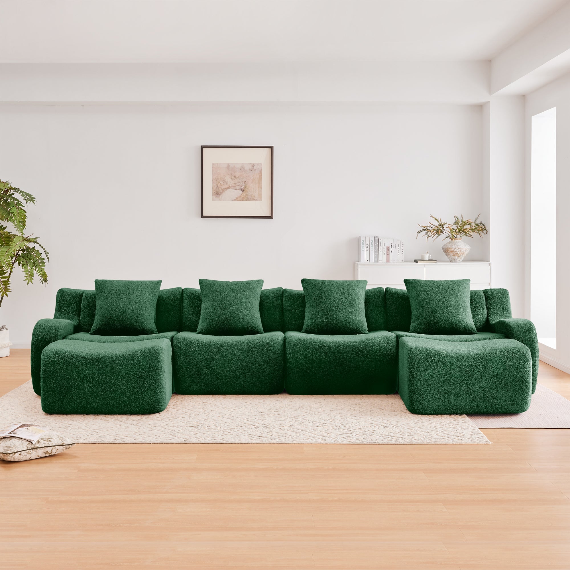U-Shaped Boneless Sofa,Teddy Fabric No assembly required   Curved armrest,Anti-slip Design,Streamlined Design 32D High Density Sponge,Full Compression Vacuum Packag,For Studies living Rooms,Green