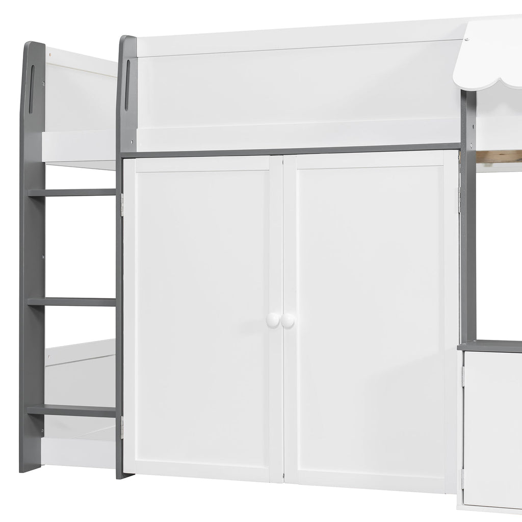 Full Loft House Bed with Playhouse & Storage, Modern Wood Cabin Bed for Kids/Teens, White+Gray