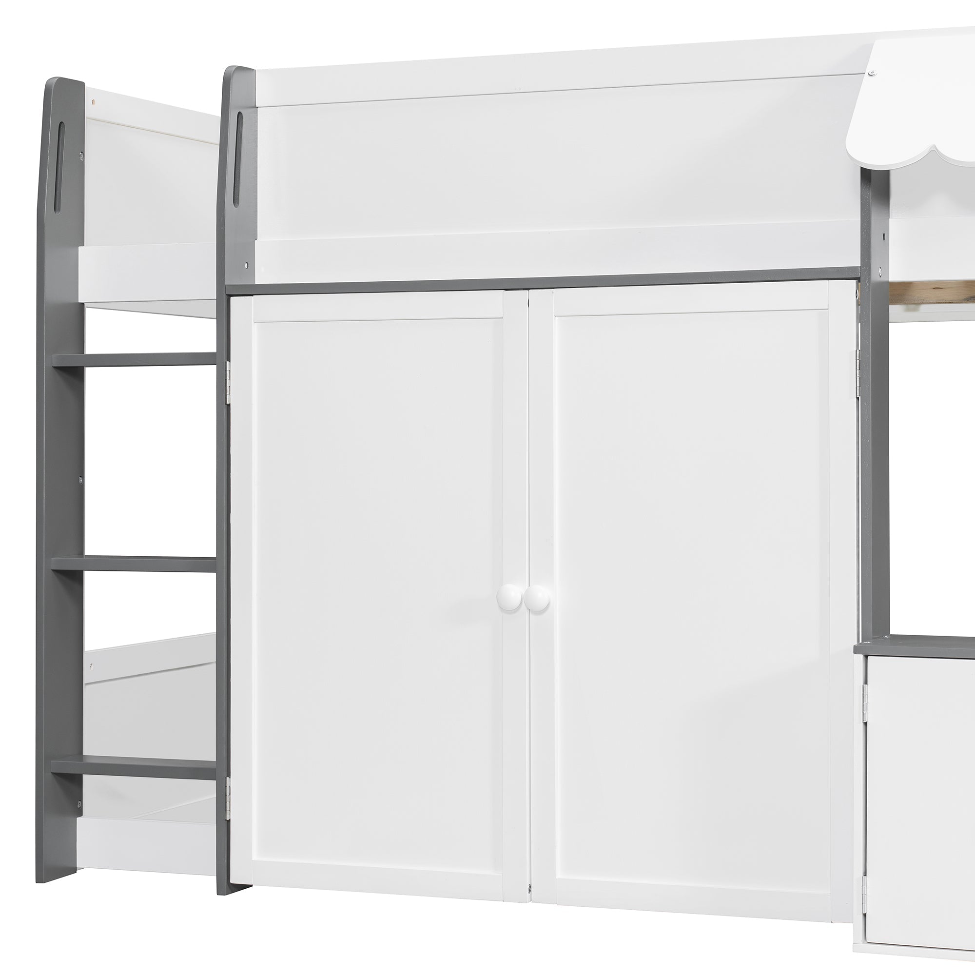 Full Loft House Bed with Playhouse & Storage, Modern Wood Cabin Bed for Kids/Teens, White+Gray