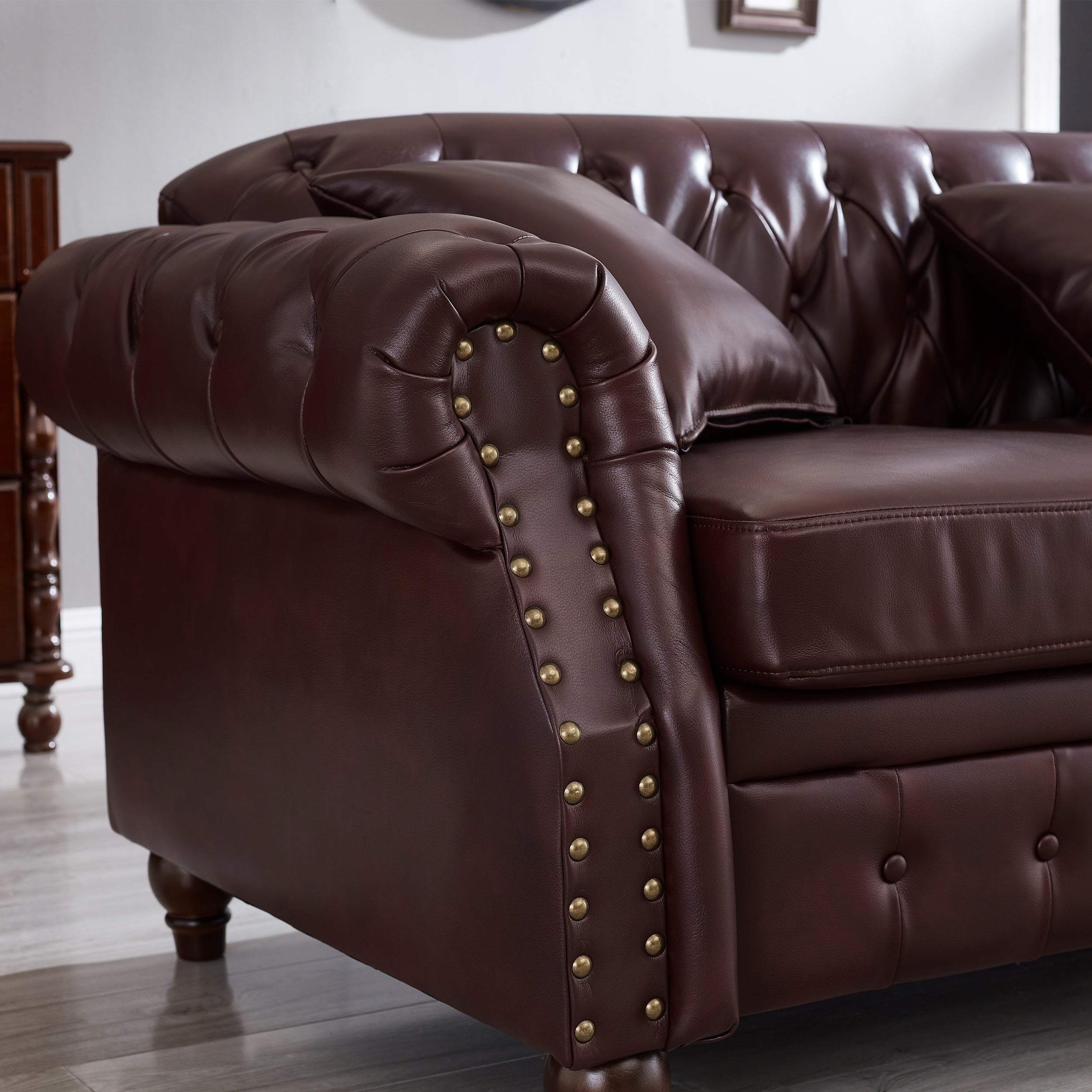 85.8' Living Room Chesterfield Sofa Classic Tufted Design Faux Leather PU Upholstered Sofa with Storage (Burgundy)