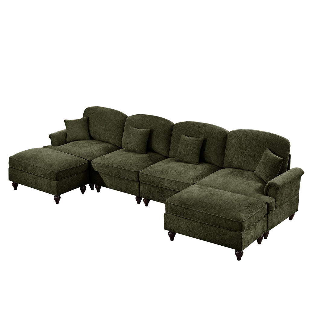 Classic U Shape 4 Seater Modular Sectional Sofa Couch with Flared Arms and Removable Ruffles Pleats Skirts and Spindle Legs, Chenille Deep Seat Cloud Sofa with Movable Ottomans, Green