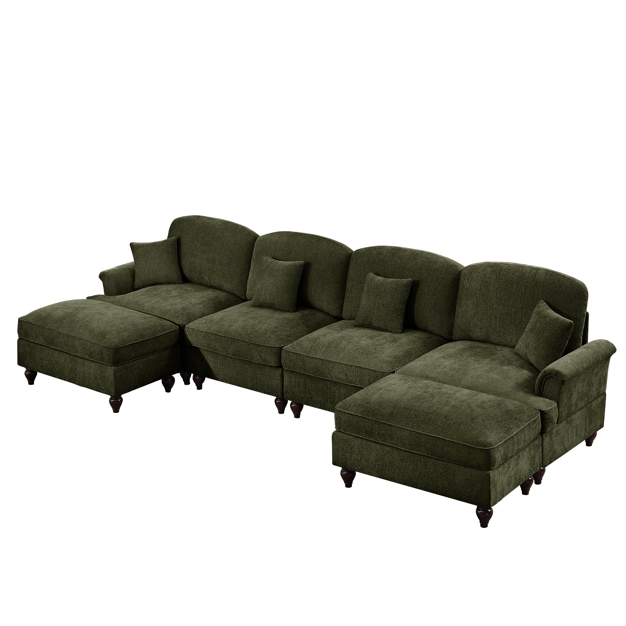 Classic U Shape 4 Seater Modular Sectional Sofa Couch with Flared Arms and Removable Ruffles Pleats Skirts and Spindle Legs, Chenille Deep Seat Cloud Sofa with Movable Ottomans, Green