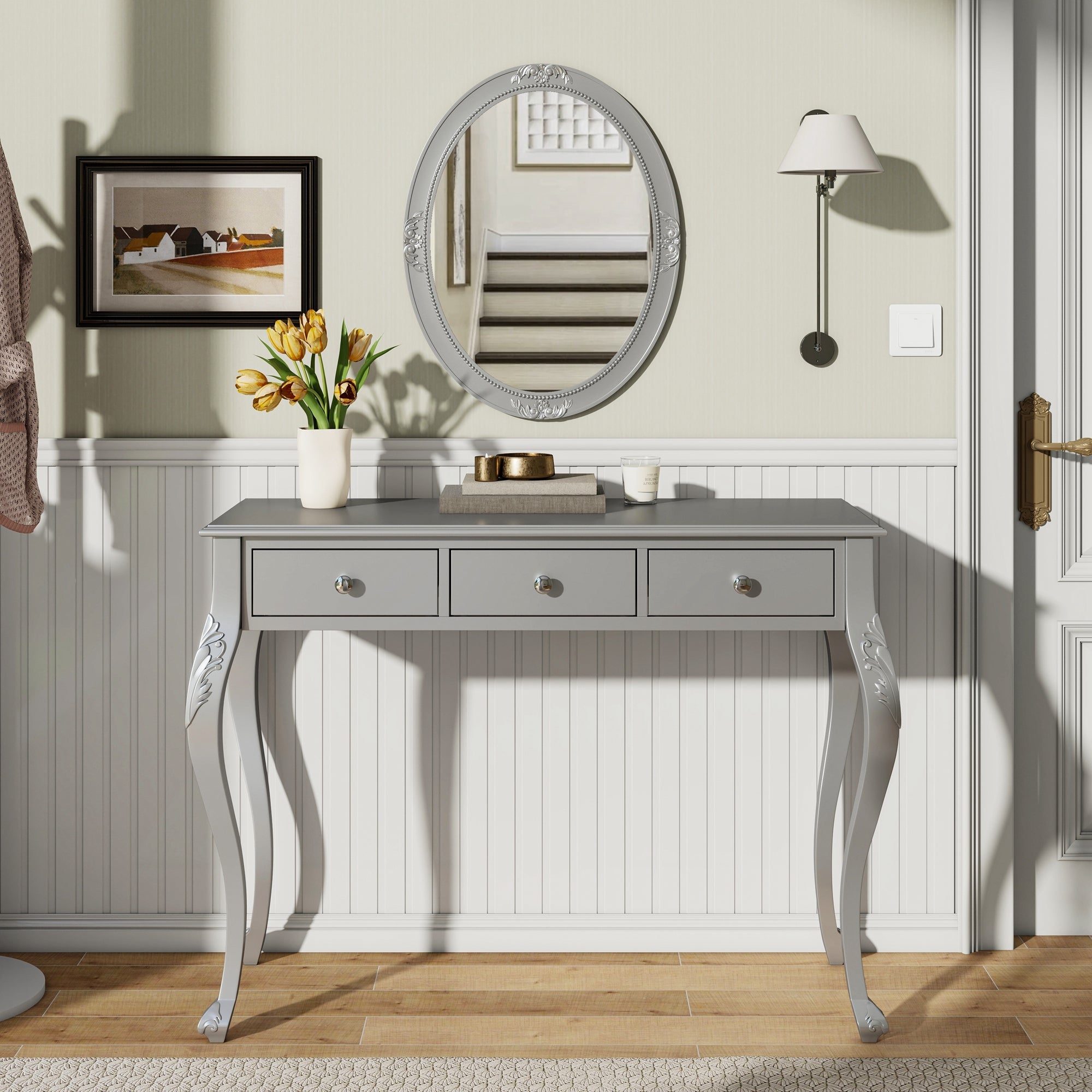 Luxury Makeup Vanity Desk with Oval Mirror, 3-Drawer Dressing Table for Jewelry Storage, Elegant Console Table for Entryway, Living Room & Bedroom, Stylish Home Decor,Silver