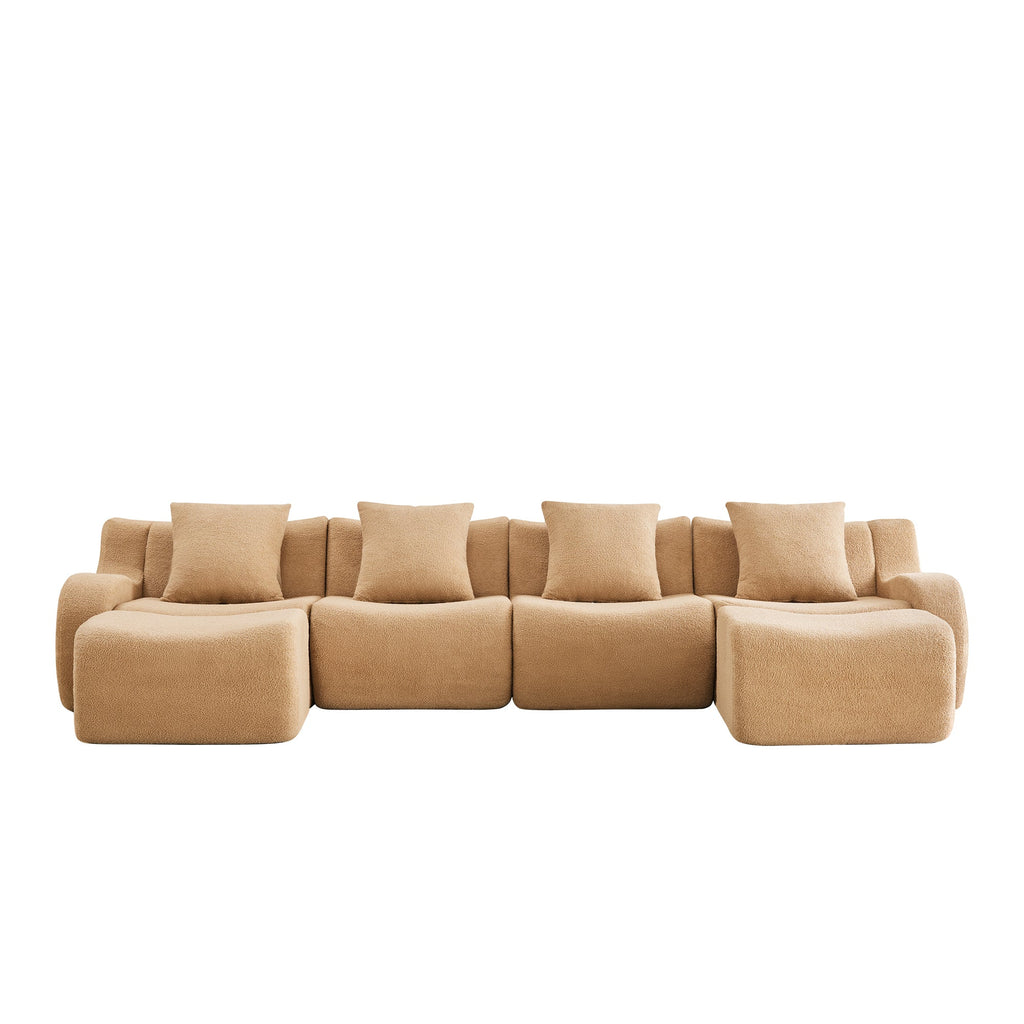 U-Shaped Boneless Sofa,Teddy Fabric No assembly required   Curved armrest,Anti-slip Design,Streamlined Design 32D High Density Sponge,Full Compression Vacuum Packag,For Studies living Rooms,Camel