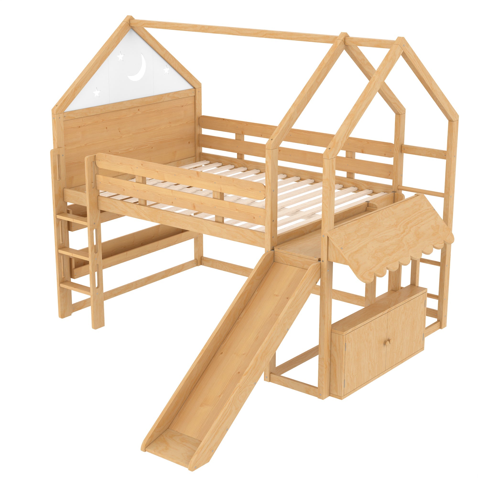 Full Size Loft Bed with Bookshelf Playful Design for Kids House-Shaped Structure with Slide High-Quality Safety Rails,Natural