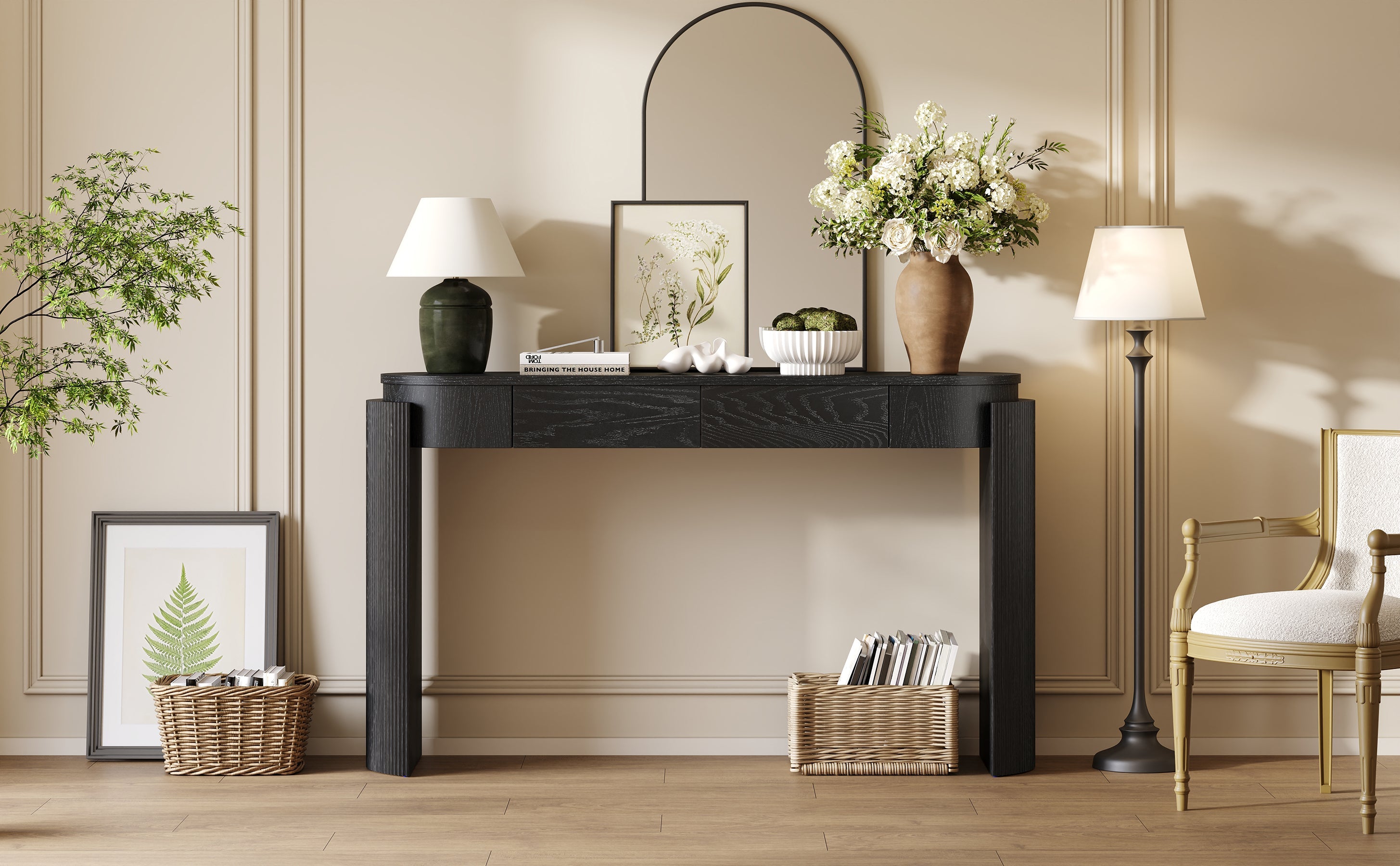 TREXM Entryway Table with Natural Wood Grain Finish, Console Table with Fluted Design, Oval Top and 2 Drawers for Entryway and Living Room (Black)
