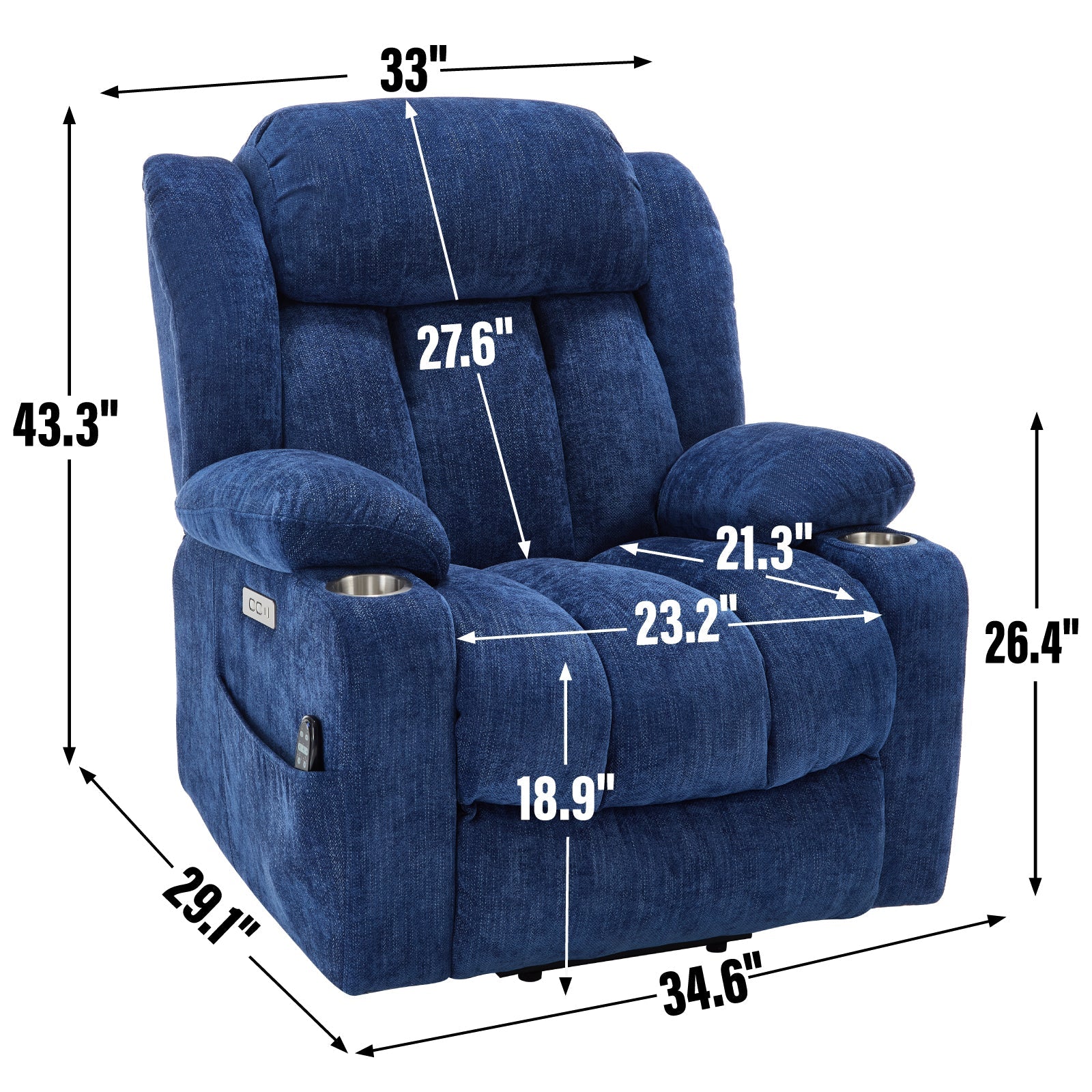 Up to 350 LBS Chenille Power Lift Recliner Chair, Heavy Duty Motion Mechanism with 8-Point Vibration Massage and Lumbar Heating, USB and Type-C Ports, Stainless Steel Cup Holders, Blue