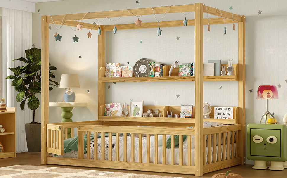 Twin Size Canopy Bed with Guardrails, Solid Wood Floor Bed with Shelves, Montessori Floor Bed Frame for Kids, Boys, Girls, No Spring Box Needed, Natural