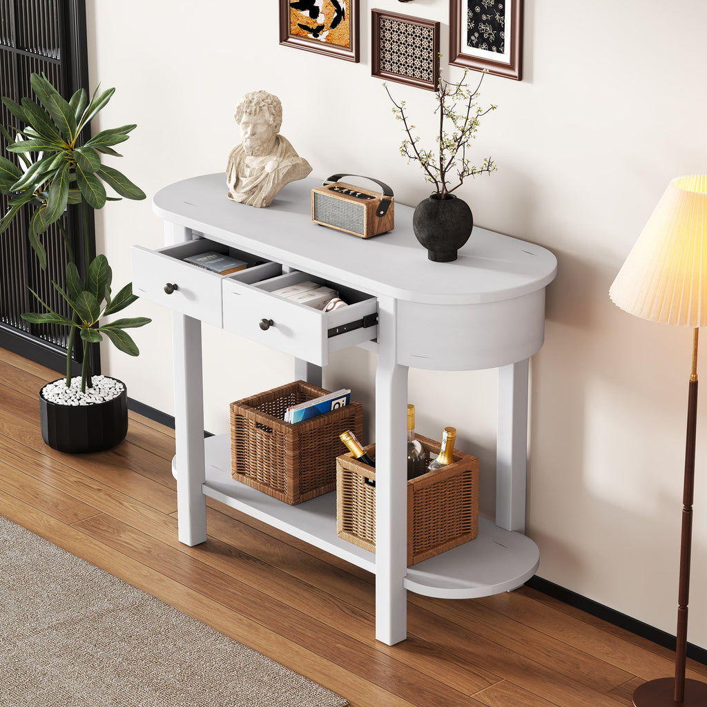TREXM Elegant Retro Console Table with Curved Design and Smooth Glaze for Entryways, Living Rooms and hallways (Antique White)