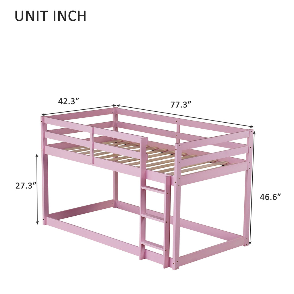 Solid Wooden, Solid Rubber Wooden Twin over Twin Floor Bunk Bed with Ladder, with Bed Platform of Strengthened Slats , Pink