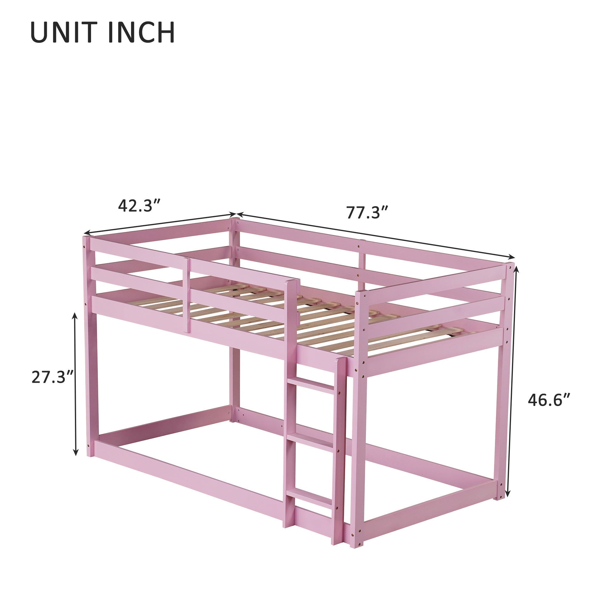 Solid Wooden, Solid Rubber Wooden Twin over Twin Floor Bunk Bed with Ladder, with Bed Platform of Strengthened Slats , Pink