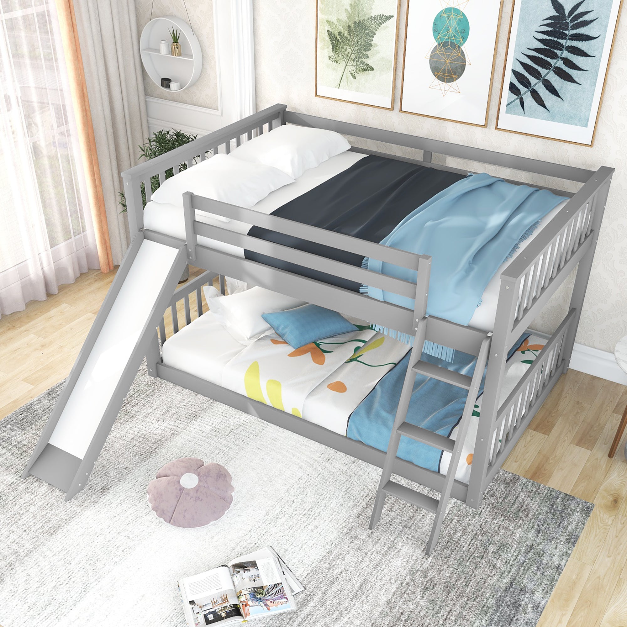 Full over Full Bunk Bed with Convertible Slide and Ladder, Gray(Old SKU: GX000708AAE)