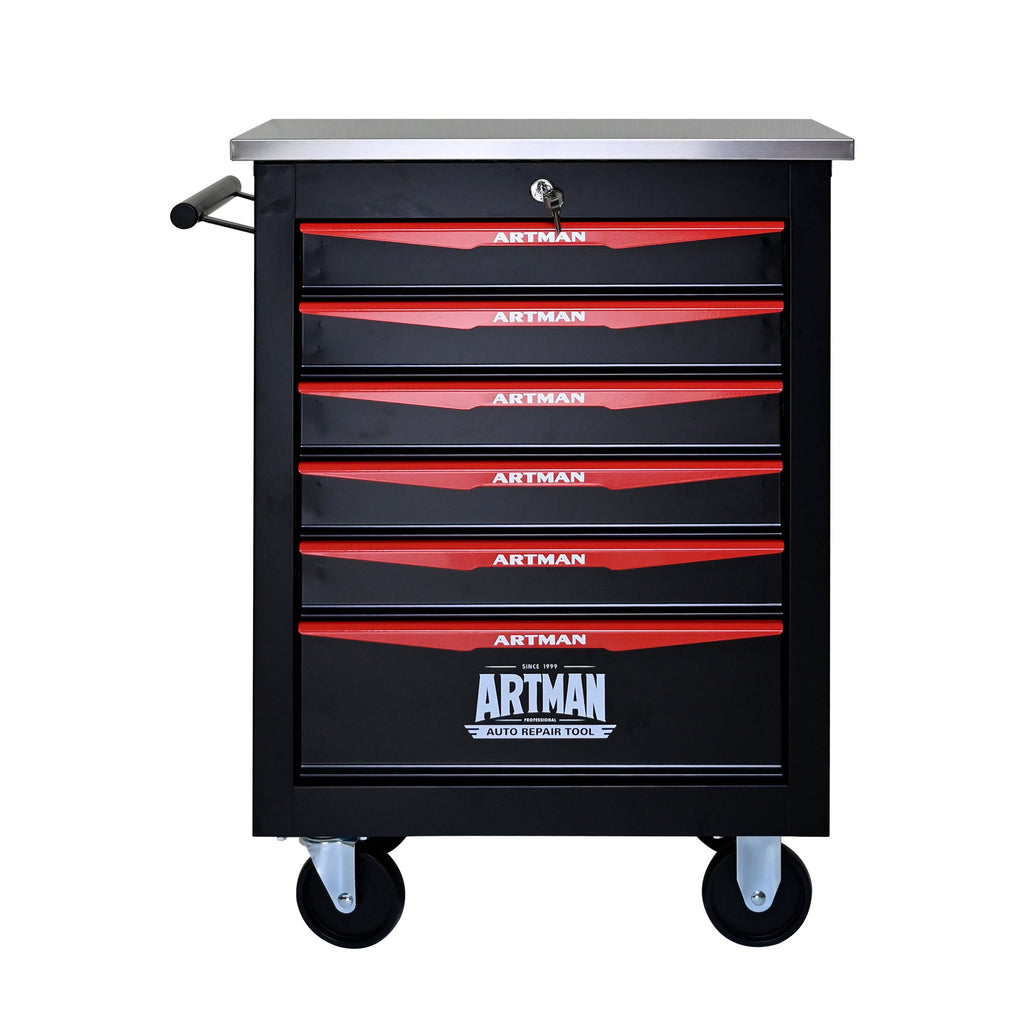 6-Drawer Multifunctional Tool Cart with Wheels, Metal Rolling Tool Cart Storage for Garage Workshop Warehouse Repair Shop - with Stainless Steel Roof - Black & Red