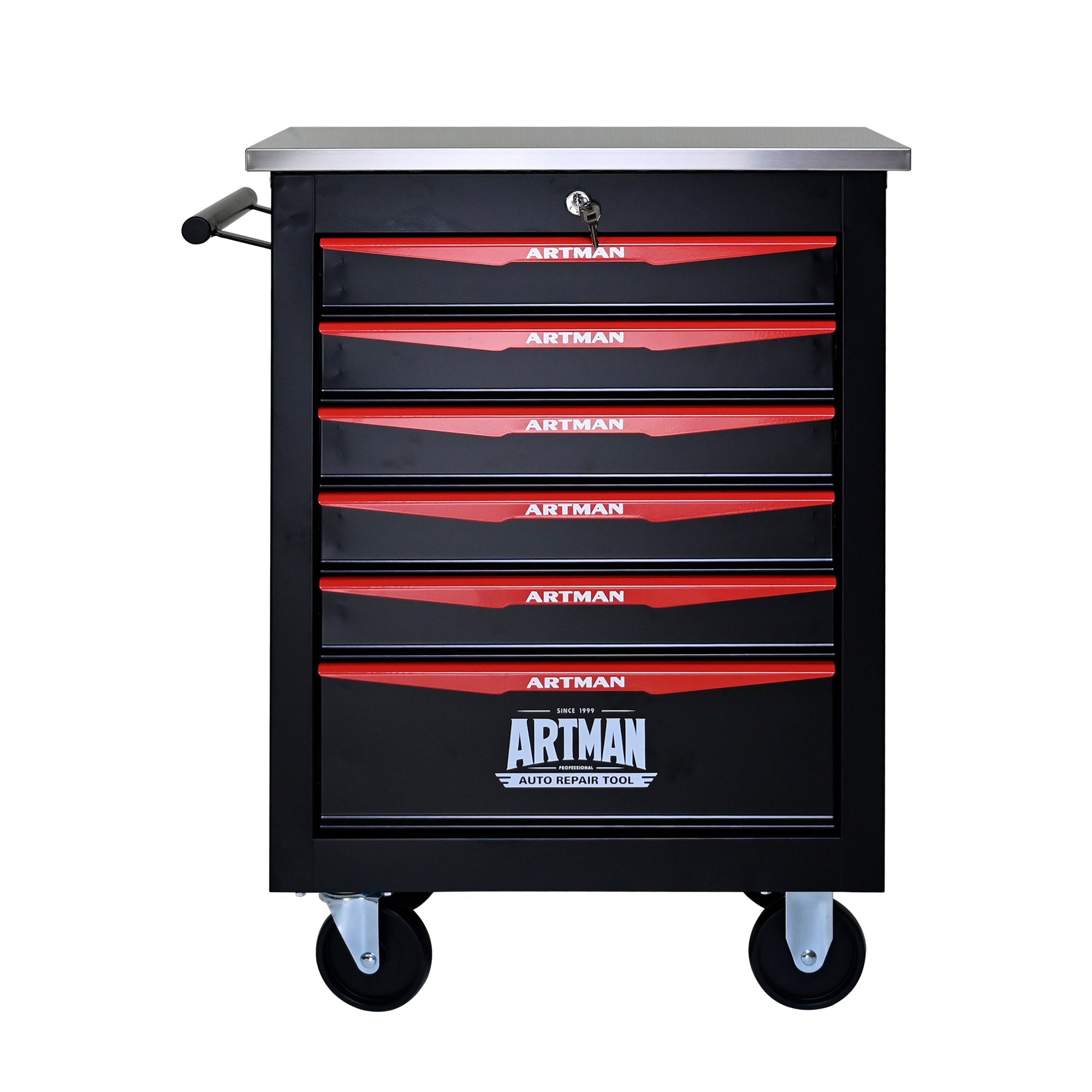 6-Drawer Multifunctional Tool Cart with Wheels, Metal Rolling Tool Cart Storage for Garage Workshop Warehouse Repair Shop - with Stainless Steel Roof - Black & Red