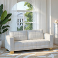 FX-P54-BE SOFA  Contemporary Beige Chenille Couch, Deep-Seat 3-Person Sofa with Wide Armrests & Brushed Stainless-Steel Block Legs Soft Upholstered Sofa for Living Room