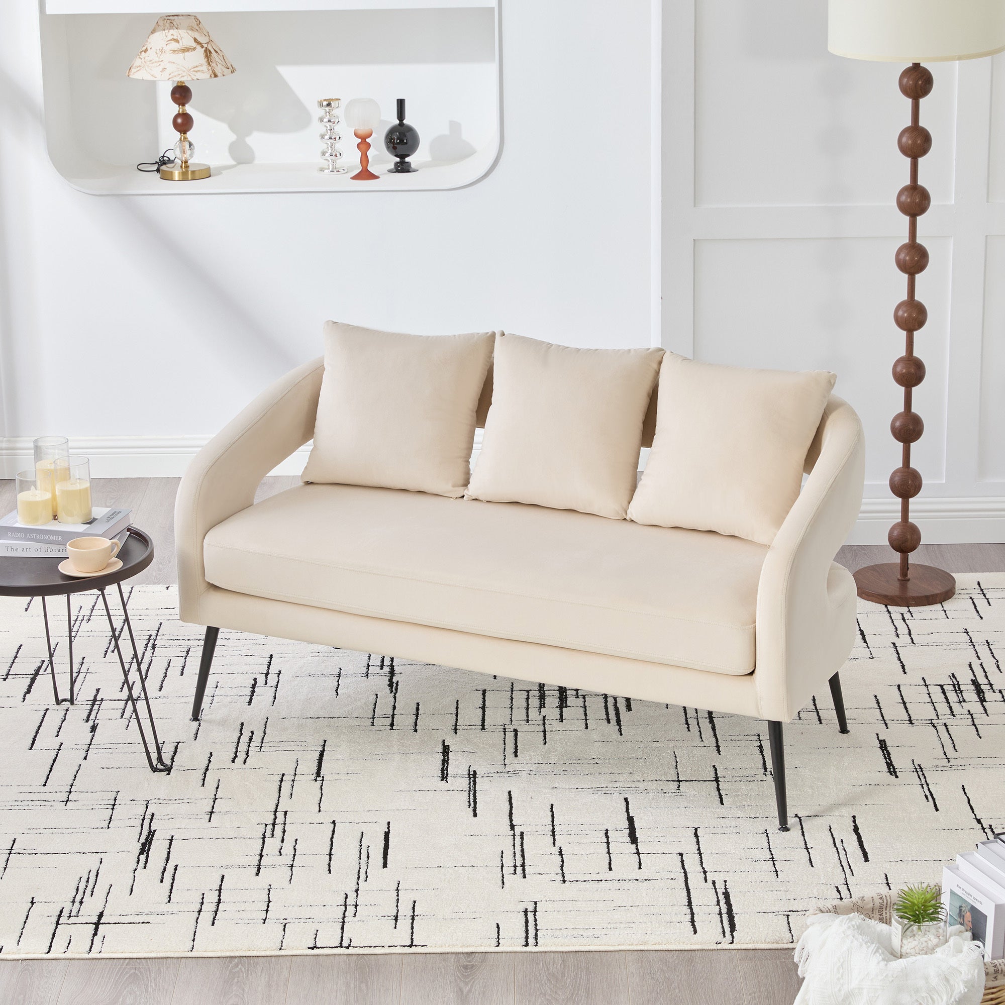 Mid Century Modern Velvet 3-Piece Living Room Set with Metal Legs in Beige, Loveseat & 2 Accent Chairs, Upholstered in Soft Velvet with Round Arms and Solid Wood Frame