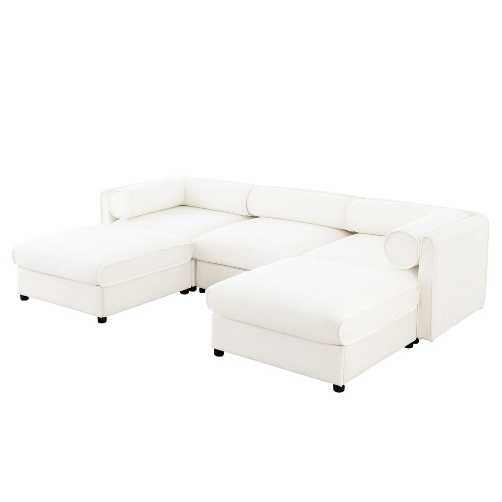 Elegant White Chenille  Sofa with Storage Seat and Ottoman, U-Shaped 3-Seater Cylindrical Backrest and Armrests, Contemporary 3-Seater Fabric Couch with Hidden Storage Compartment