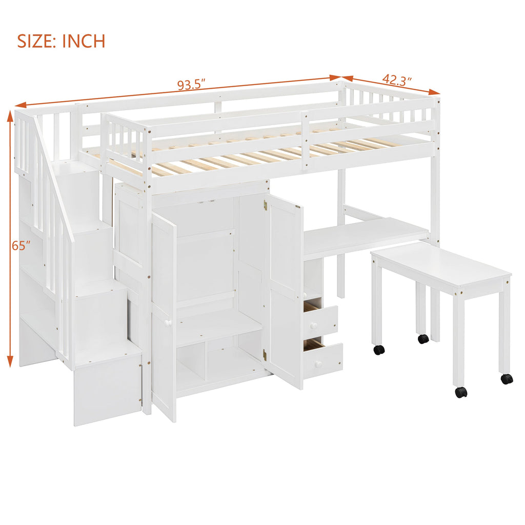 Twin Size Loft Bed with Stairs, Bookshelf, Drawers, Desk & Wardrobe – Space-Saving Multifunctional Furniture for Kids & Teens-White