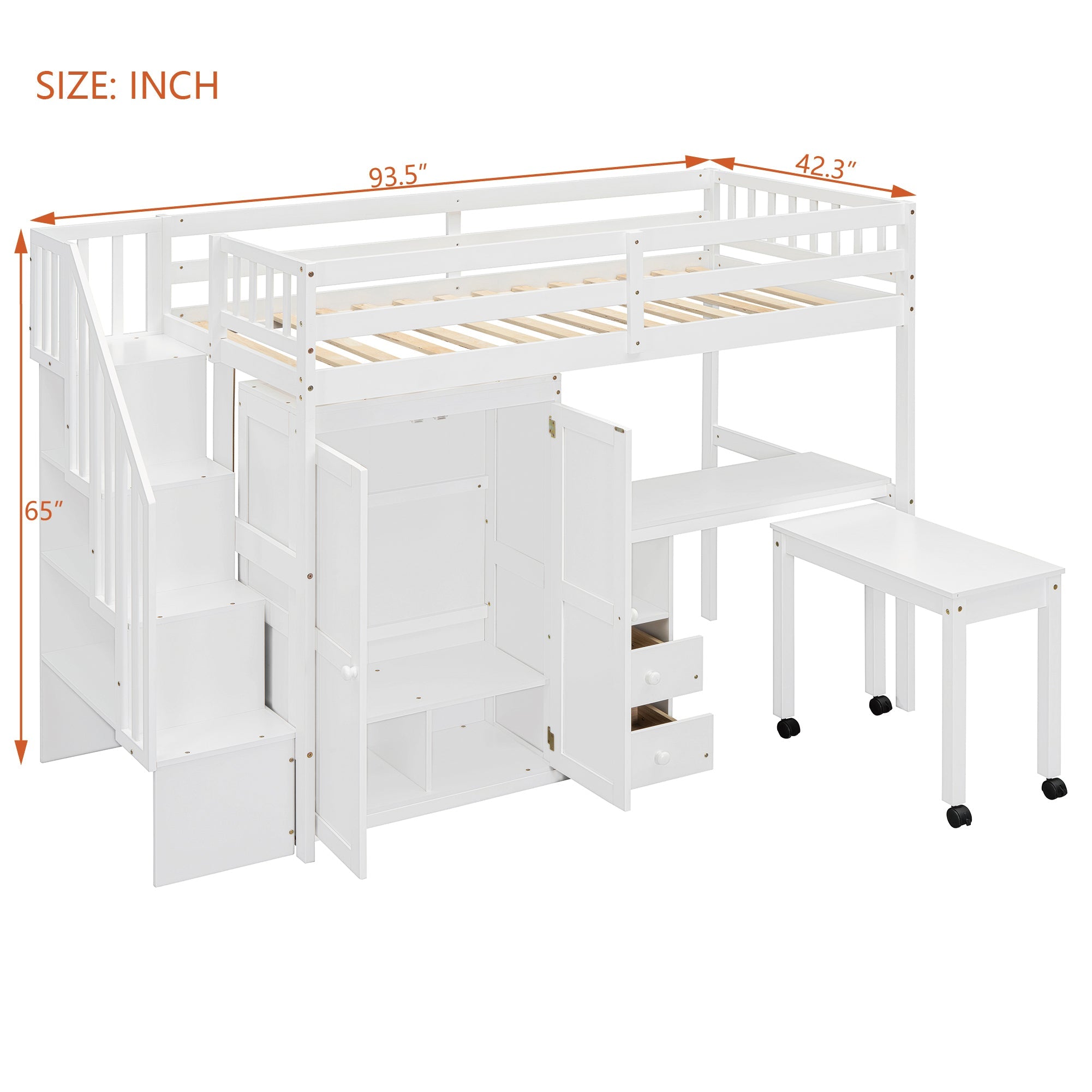 Twin Size Loft Bed with Stairs, Bookshelf, Drawers, Desk & Wardrobe – Space-Saving Multifunctional Furniture for Kids & Teens-White