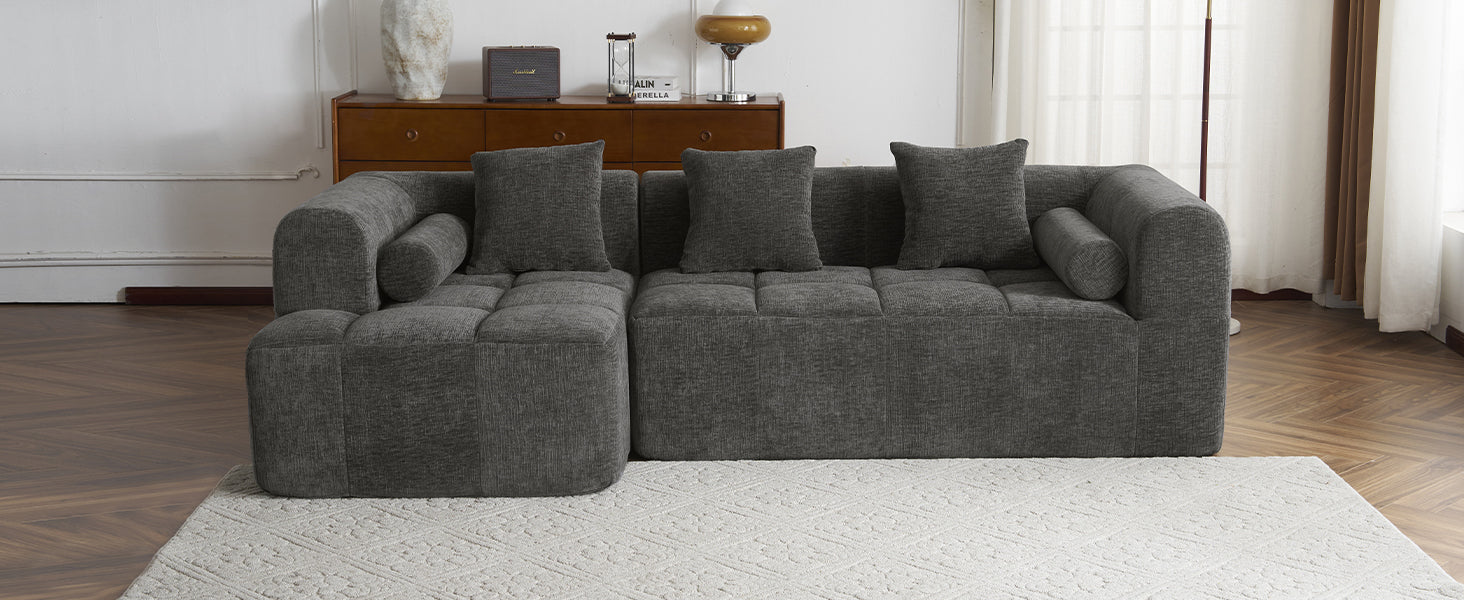 Modern Grey Modular Sectional Sofa with Deep Seating and Side Pockets in Chenille Fabric