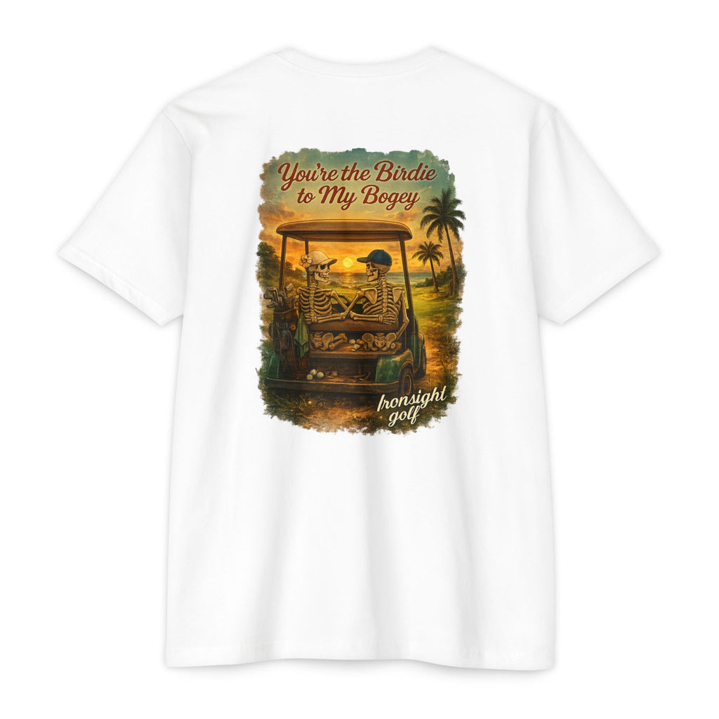 Birdie to My Bogey T-Shirt — Skeleton Couple in Golf Cart Tropical Sunset