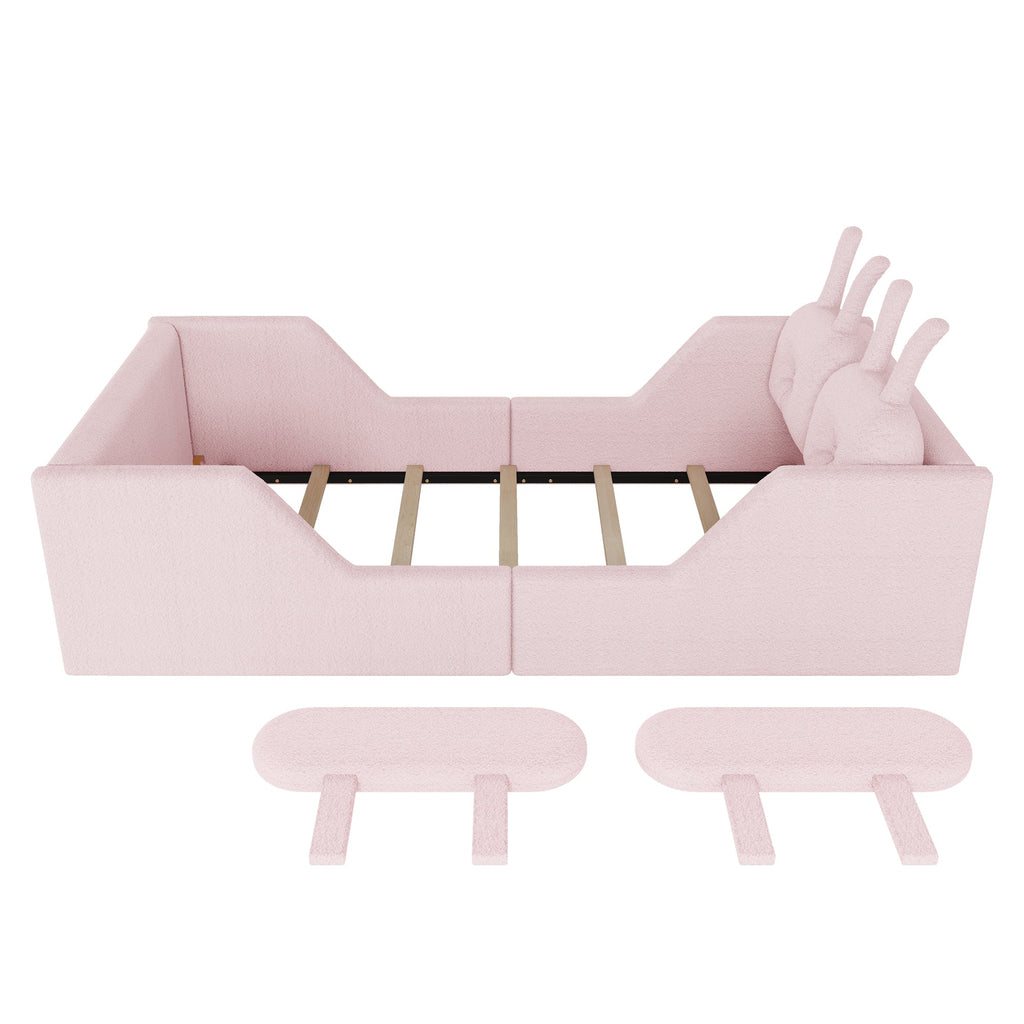 Twin Size Upholstered Platform Bed with Rabbit Cushion, Kids Floor Upholstered Bed with Removable Side Rails, Pink(Expect Arrival Date 2025/1/15)