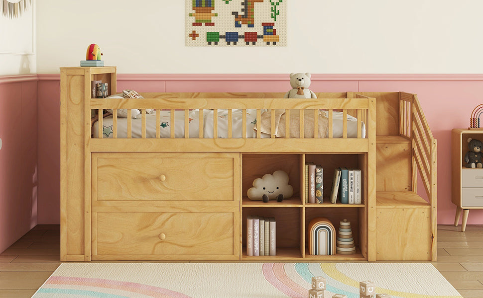 Twin Size Loft Bed with LED and Bookshelf, Wood Low Loft Bed with Stairs, Kids Twin Loft Bed with Storage Drawers and Shelves, Natural (Expect Arrival Date 2025/1/20)