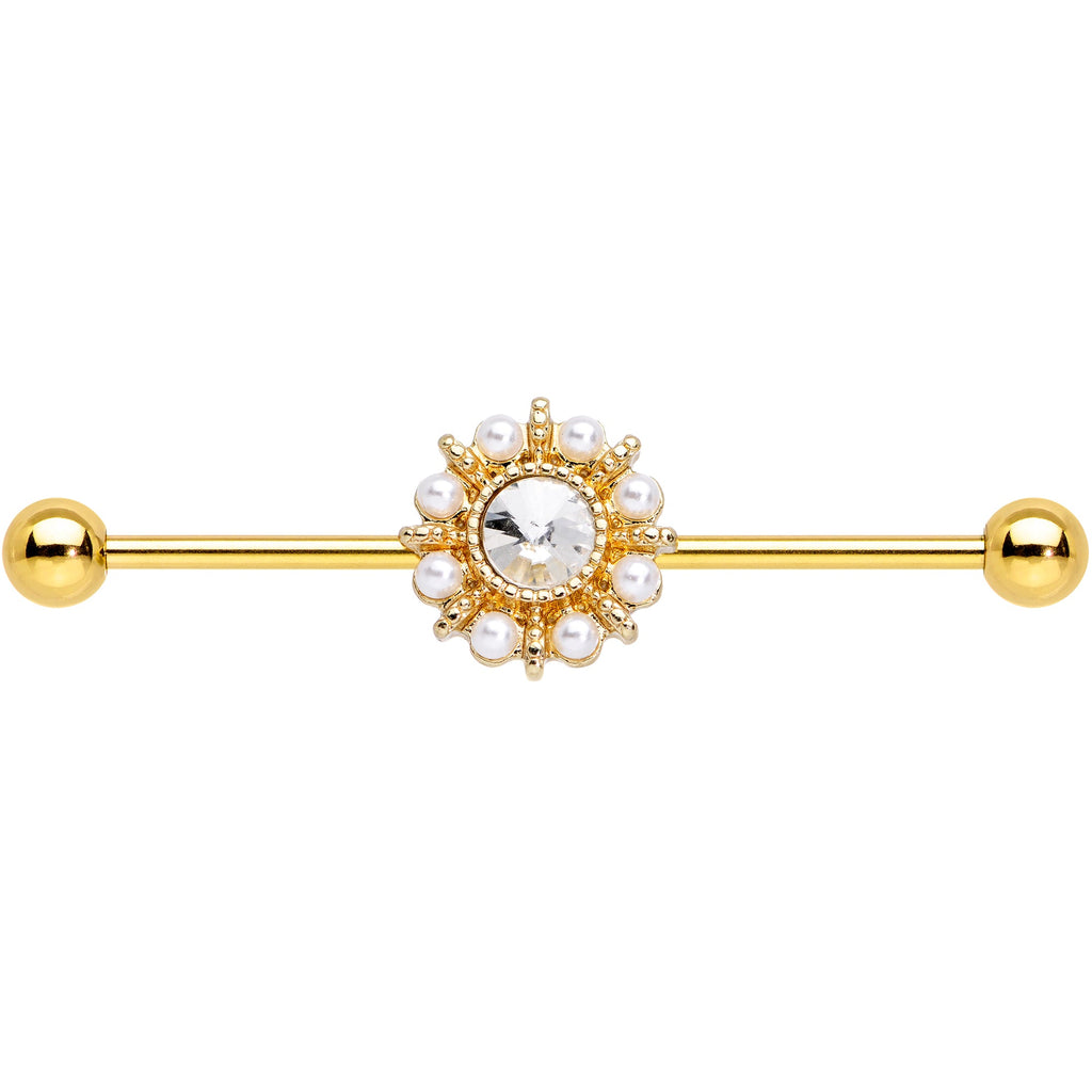 Clear Gem White Orb Gold PVD Sun Wheel Industrial Barbell 38mm