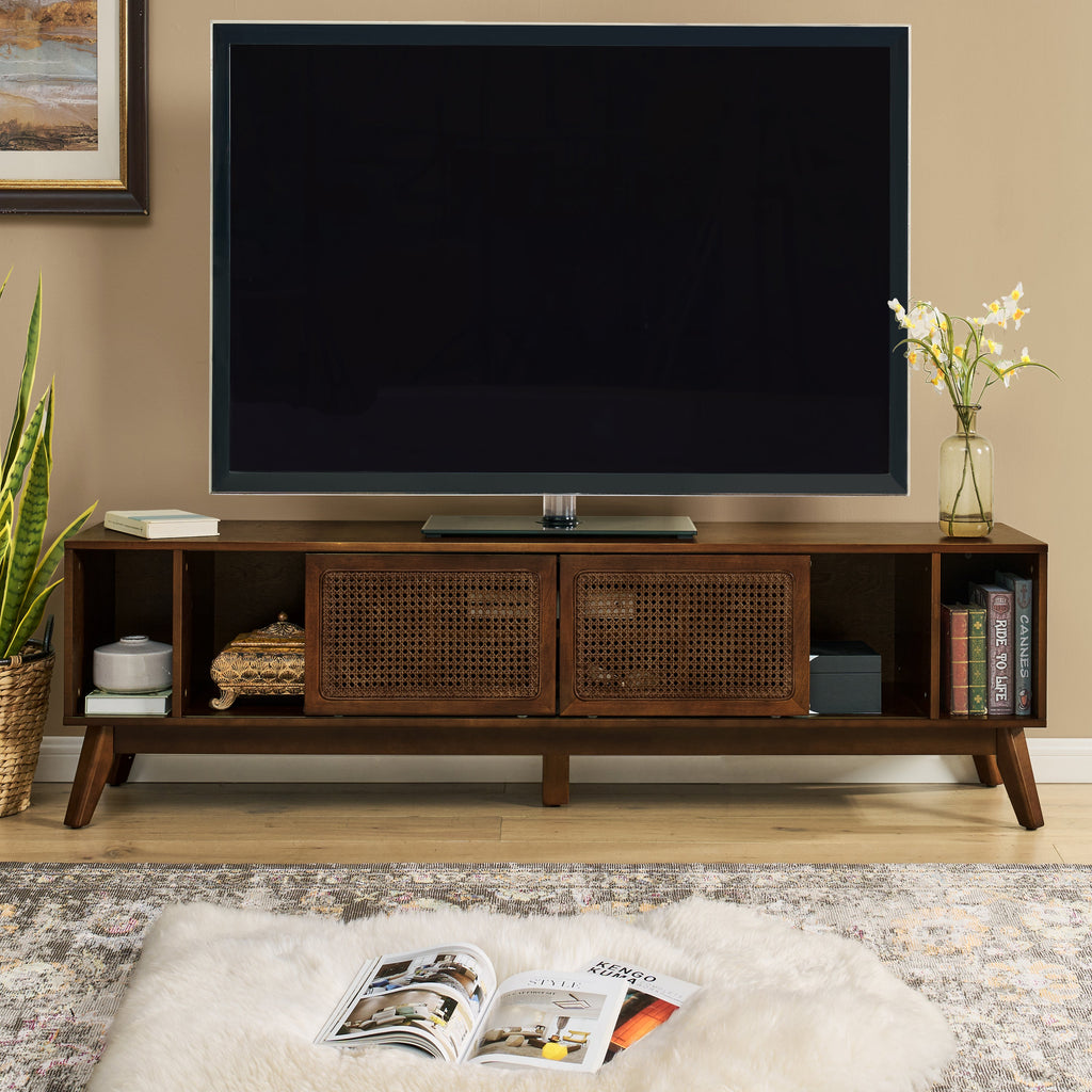 67.9 Inch Mid Century Modern Rattan TV Stand for TVs up to 75', Entertainment Cabinet, Media Console for Living Room Media Room, Solid Wood Feet & Rattan Cabinet Doors - Walnut