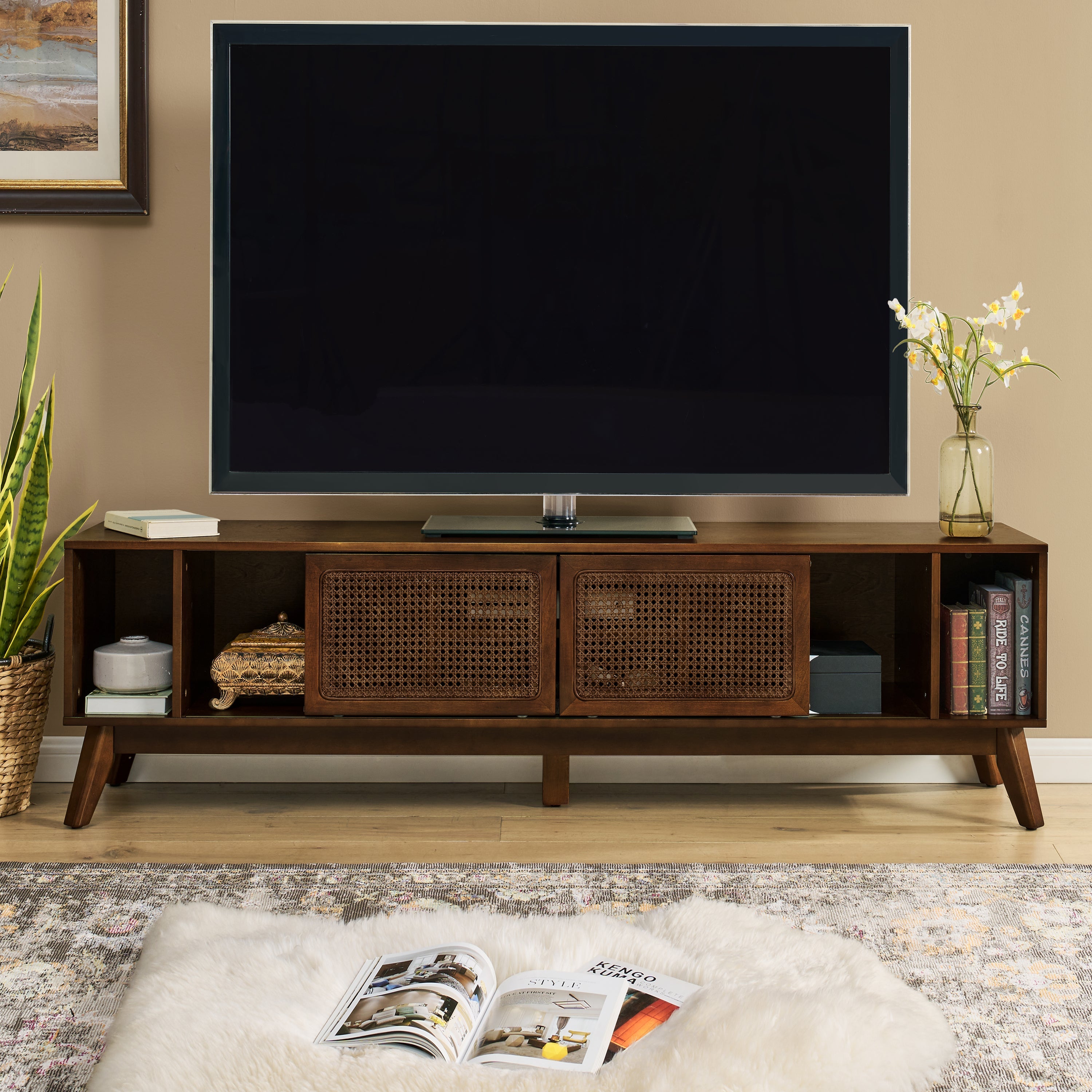 67.9 Inch Mid Century Modern Rattan TV Stand for TVs up to 75', Entertainment Cabinet, Media Console for Living Room Media Room, Solid Wood Feet & Rattan Cabinet Doors - Walnut
