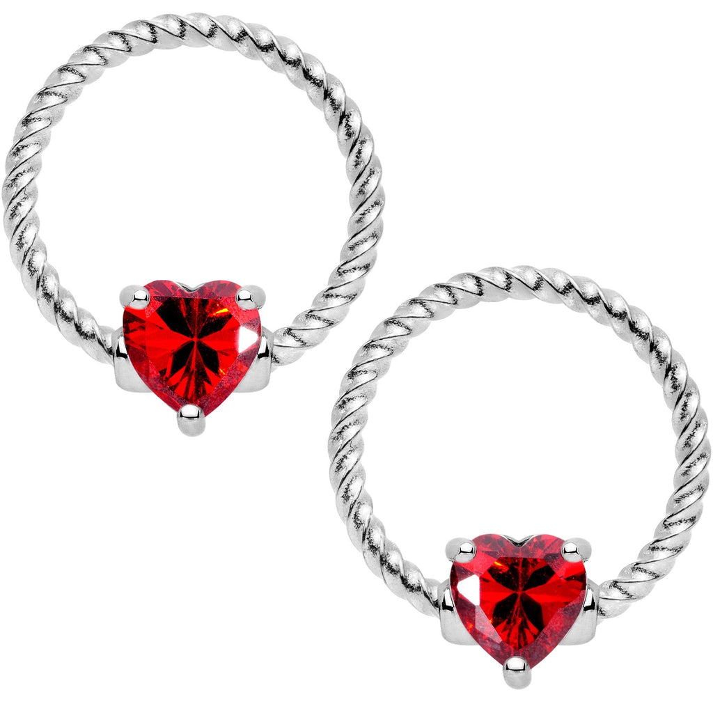 14G Red CZ Gem Heart Twisted Captive Ring Barbell Nipple Ring Set
