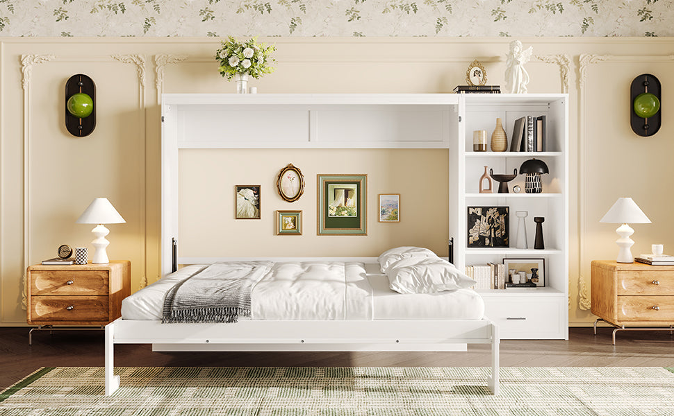 Queen Size Murphy Bed with Height Adjustable Storage Compartments and Shelf, Wall Bed Frame With 1 Drawer, Multifunctional Foldable Platform Bed for Small Space,Bedroom,Guest Room, White