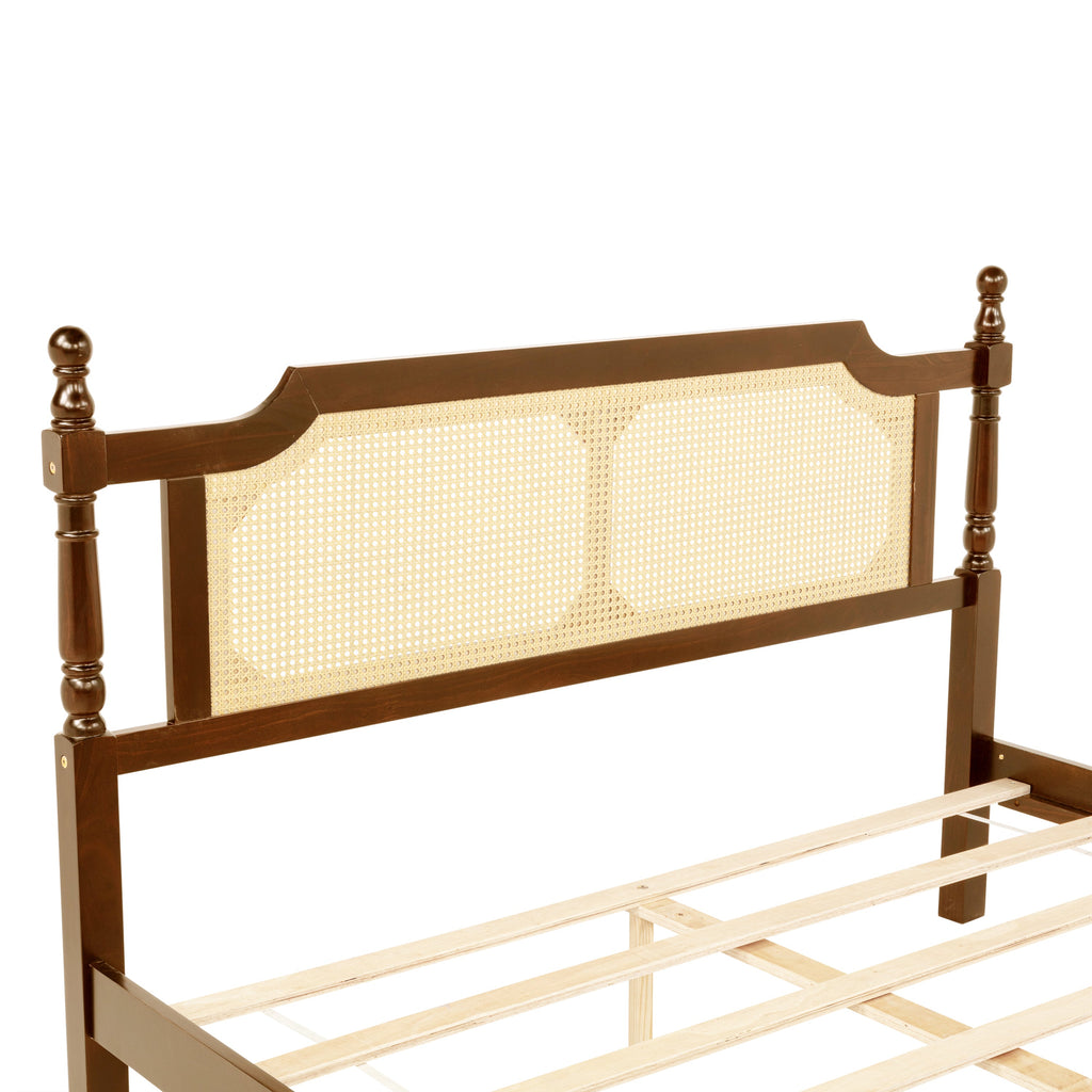 Queen Pine wooden Bed with Rattan Headboard  and Footboard, with  Central Enhanced Bed Platform,Walnut
