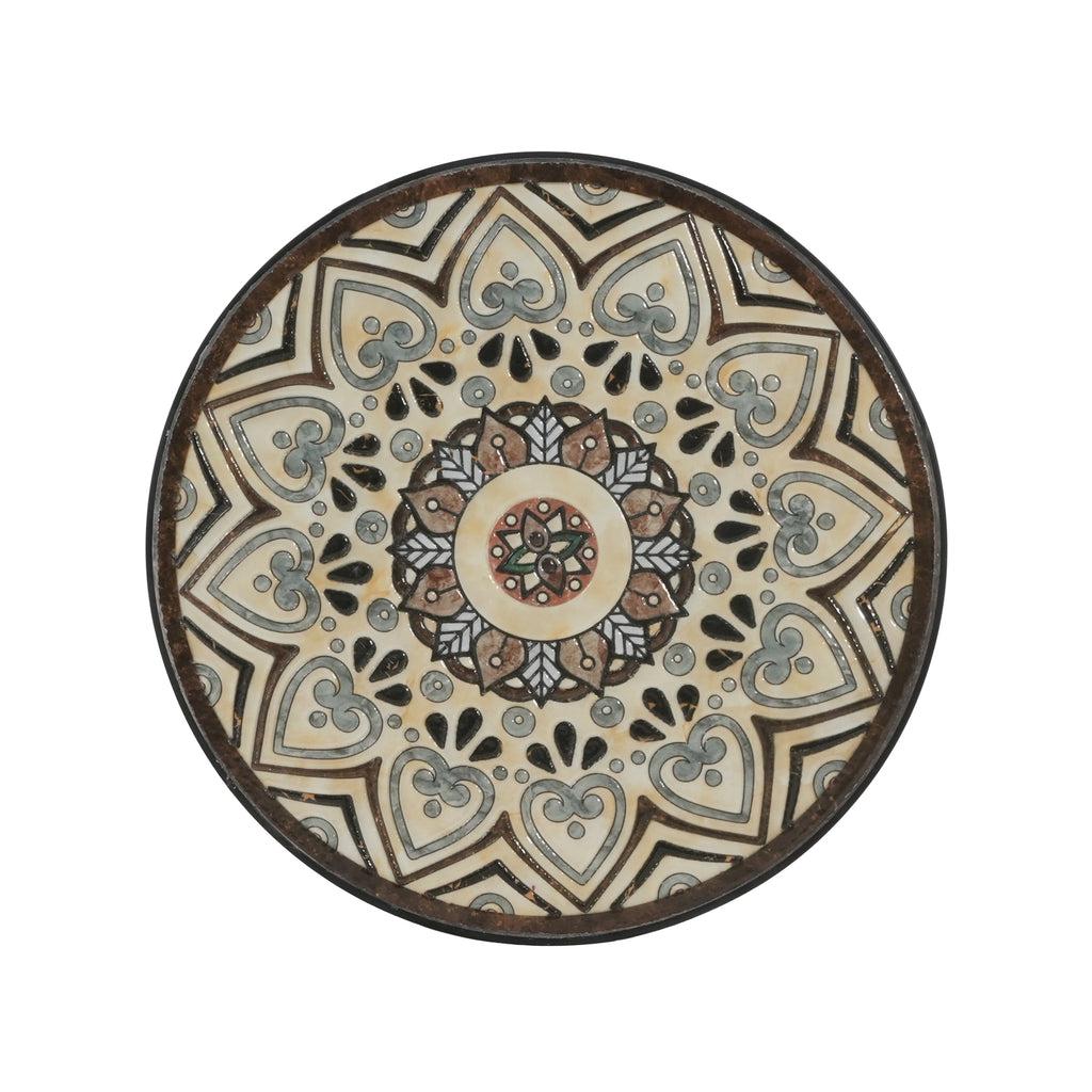 Ceramic Tile and Iron Patio Side Table with Shelf, Brown and Black, 14-inch Diameter